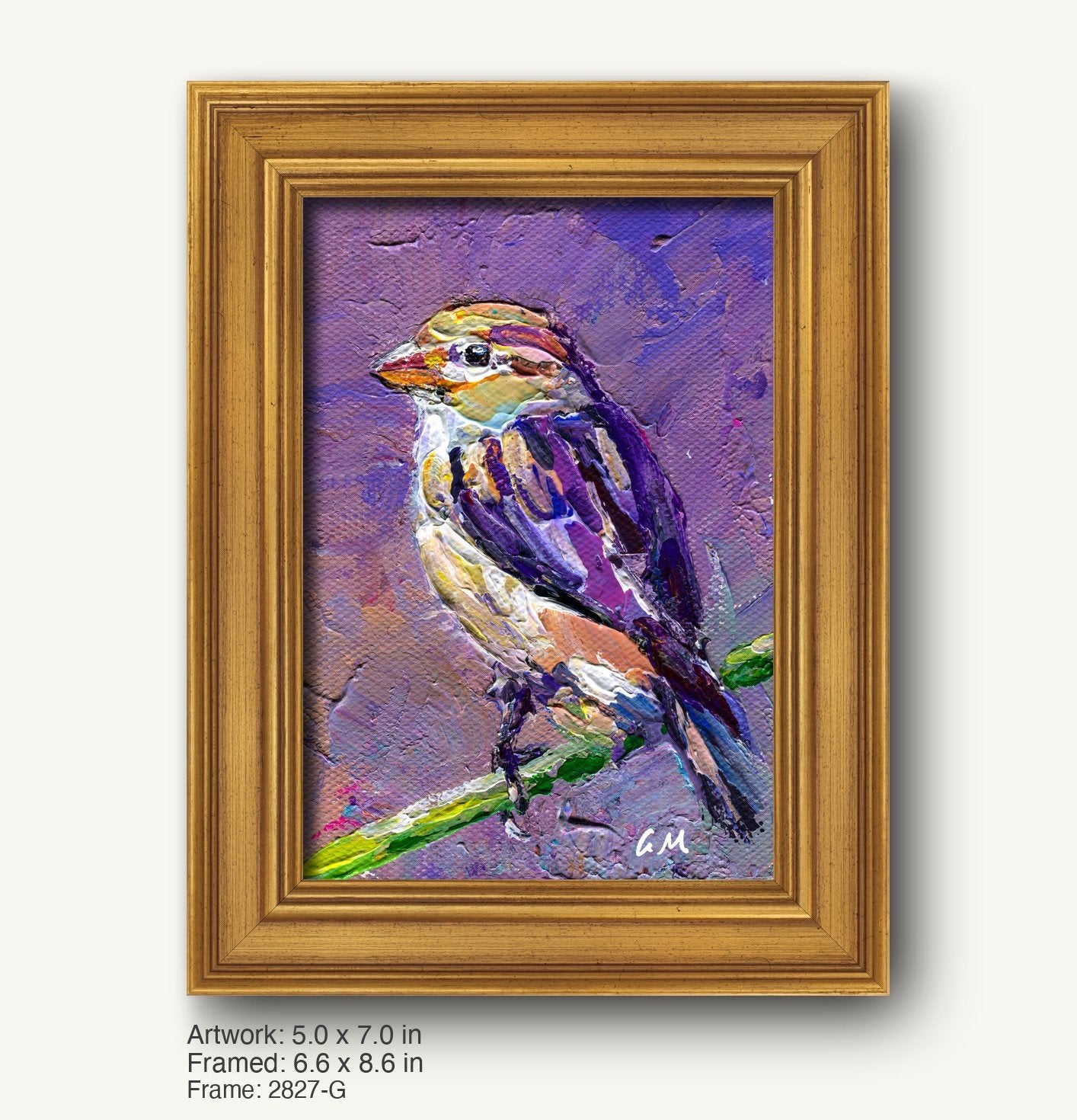 Textured oil painting of a colorful bird perched on a branch, set in a warm gold ornate frame with classic profile, vertical composition