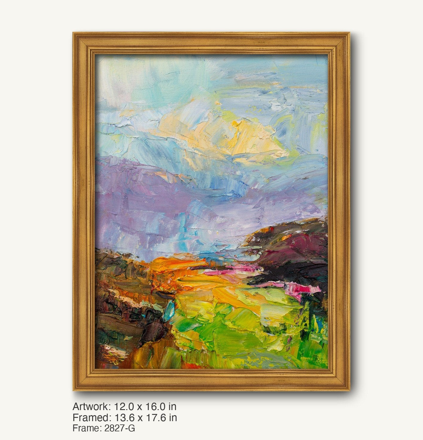 Vertical abstract landscape oil painting with bold palette knife textures in blue, green, and yellow hues, displayed in a warm gold ornate frame with classic profile