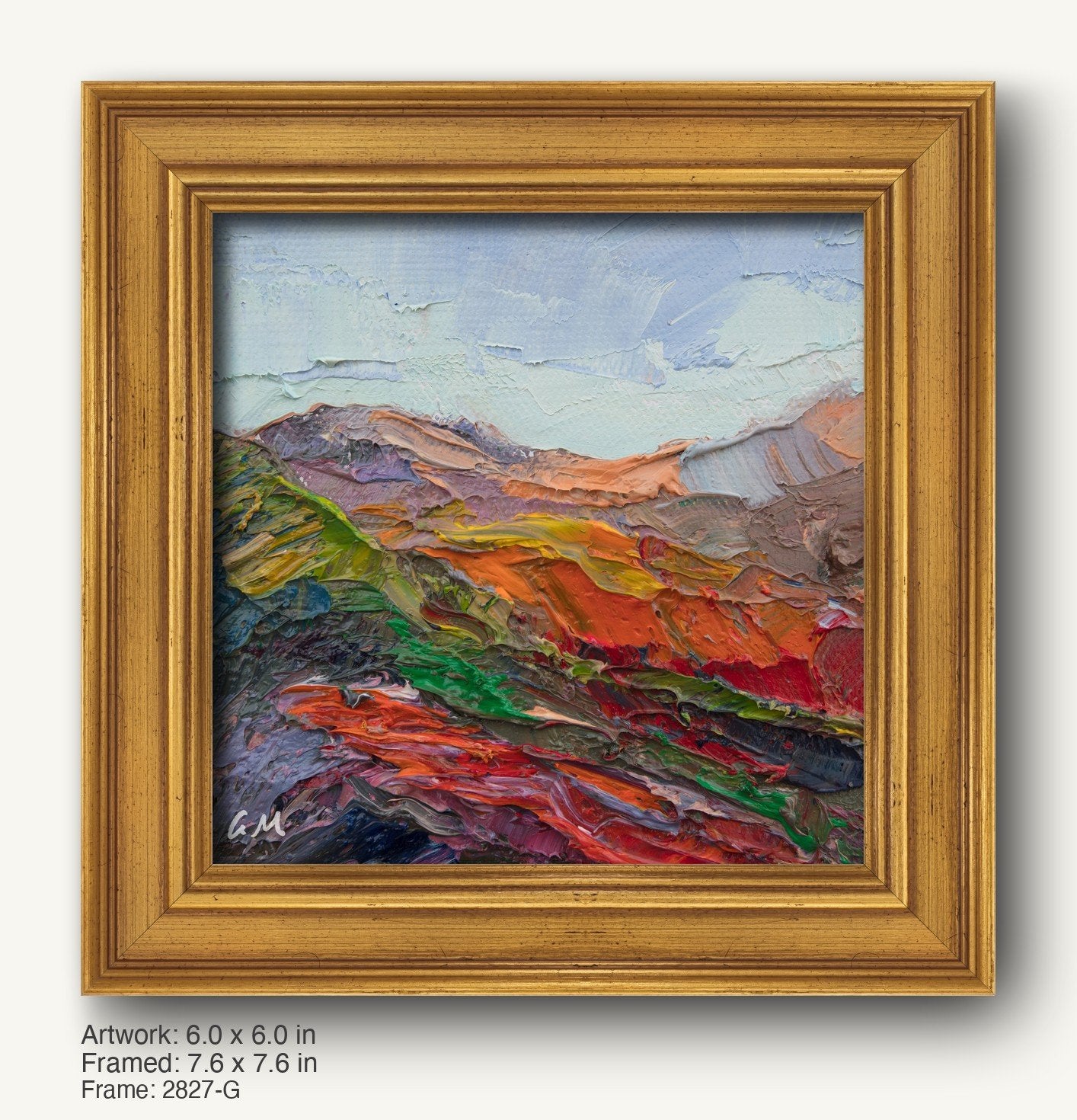 Vibrant impasto mountain landscape in warm gold frame, rich textures and bold colors on canvas, expressionist style with abstract terrain and initialed signature