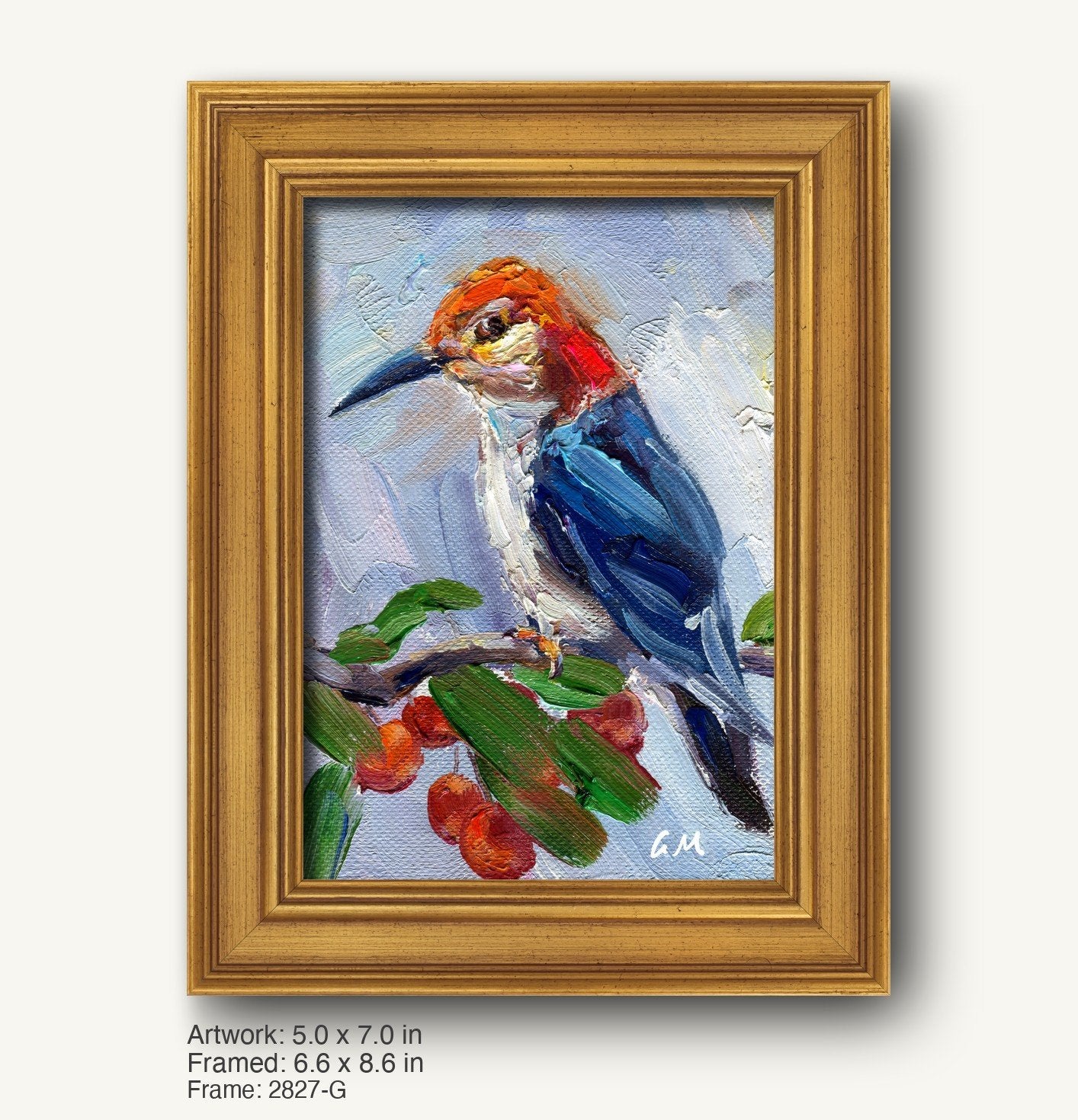 Hand-painted woodpecker in warm gold ornate frame, vertical canvas with blue, red, and green bird perched on branch with berries, textured oil painting style