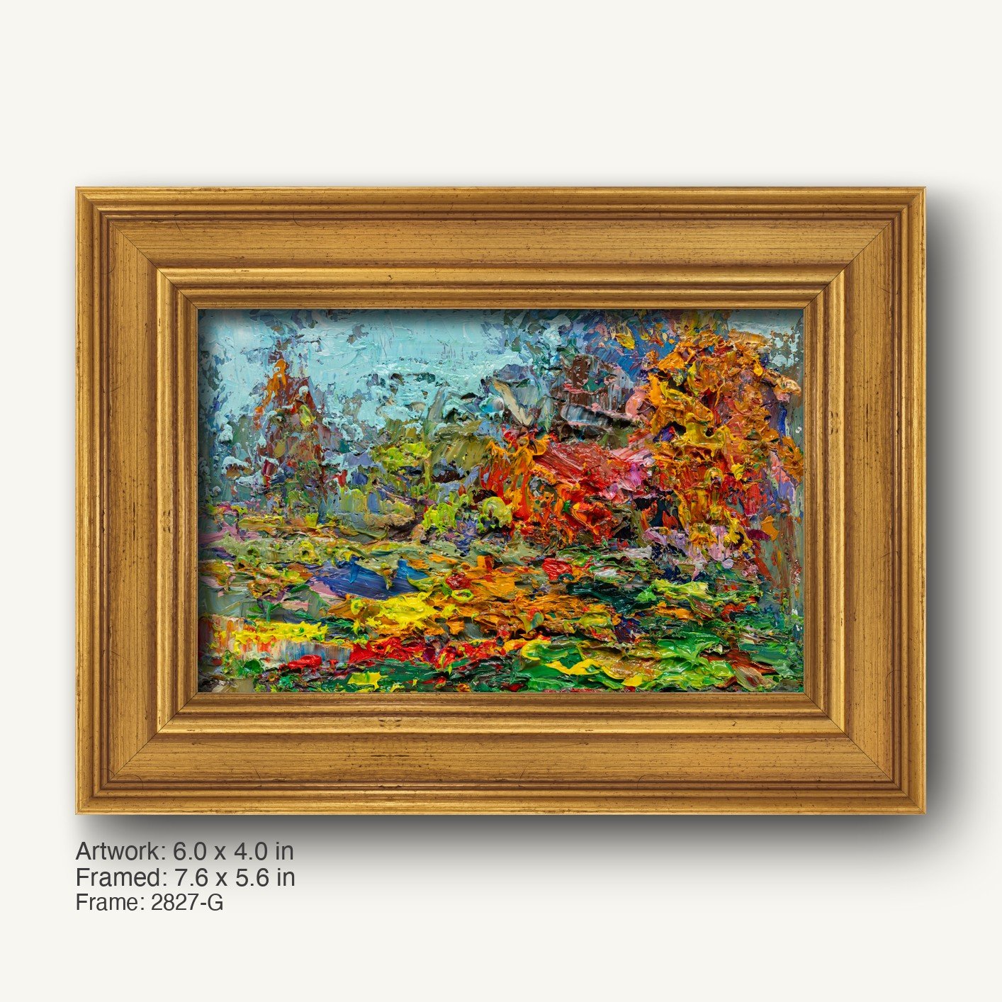 Hand-painted abstract landscape in warm gold ornate frame, vibrant colors on canvas, horizontal composition with textured oil paint