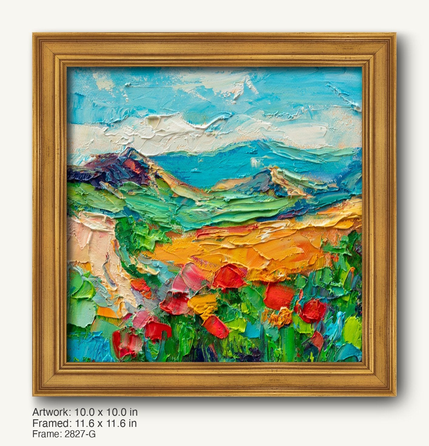 Vibrant impasto landscape painting of mountain meadow with red poppies, framed in warm gold ornate frame, showcasing textured oil brushwork on canvas
