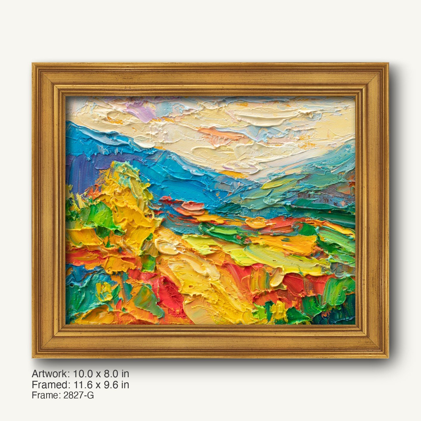 Vibrant abstract landscape painting in warm gold ornate frame, featuring thick impasto oil strokes of blue, yellow, green, red, and white on canvas, horizontal composition