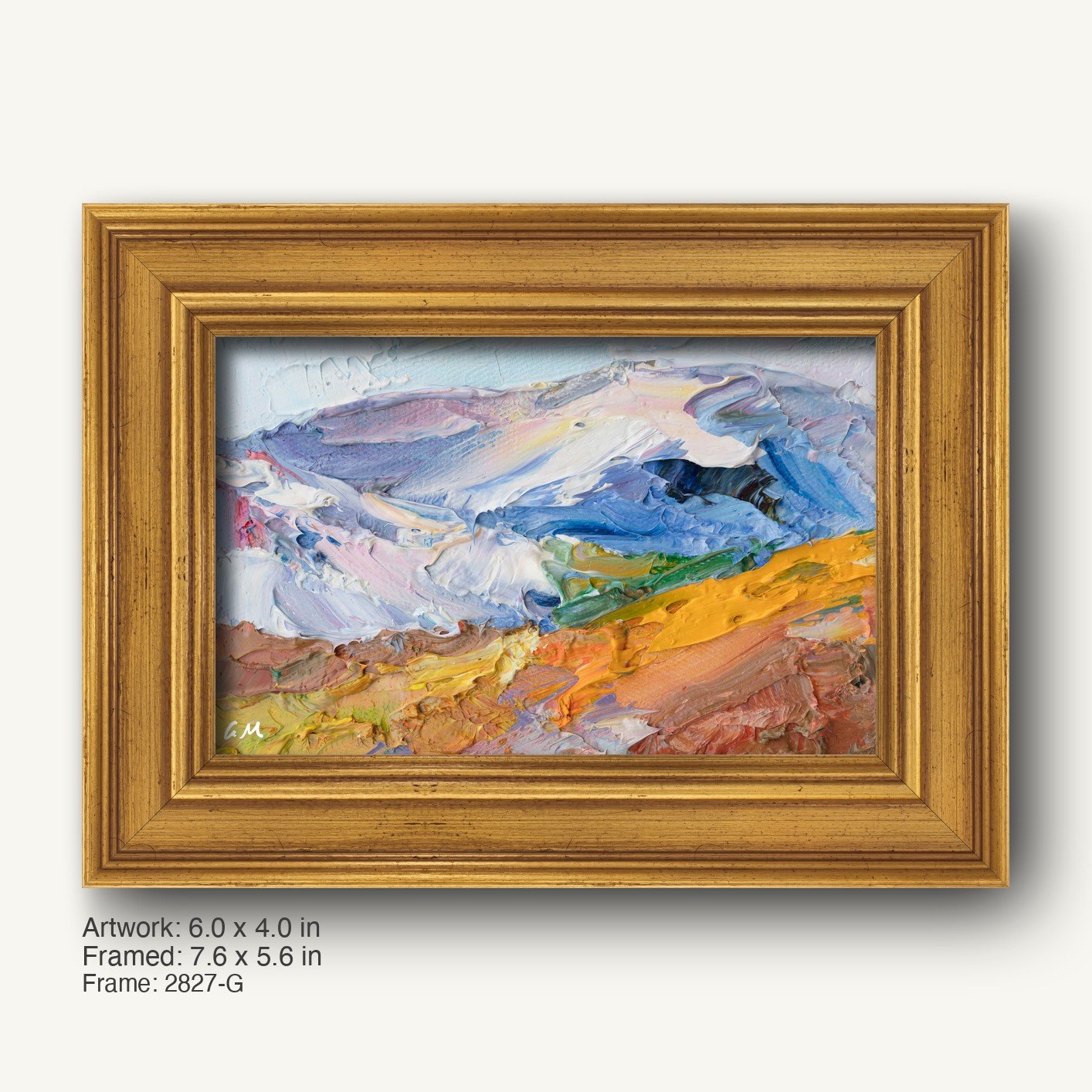 Hand-painted abstract landscape in warm gold ornate frame, featuring textured oil brushwork with blue, yellow, and white hues on canvas