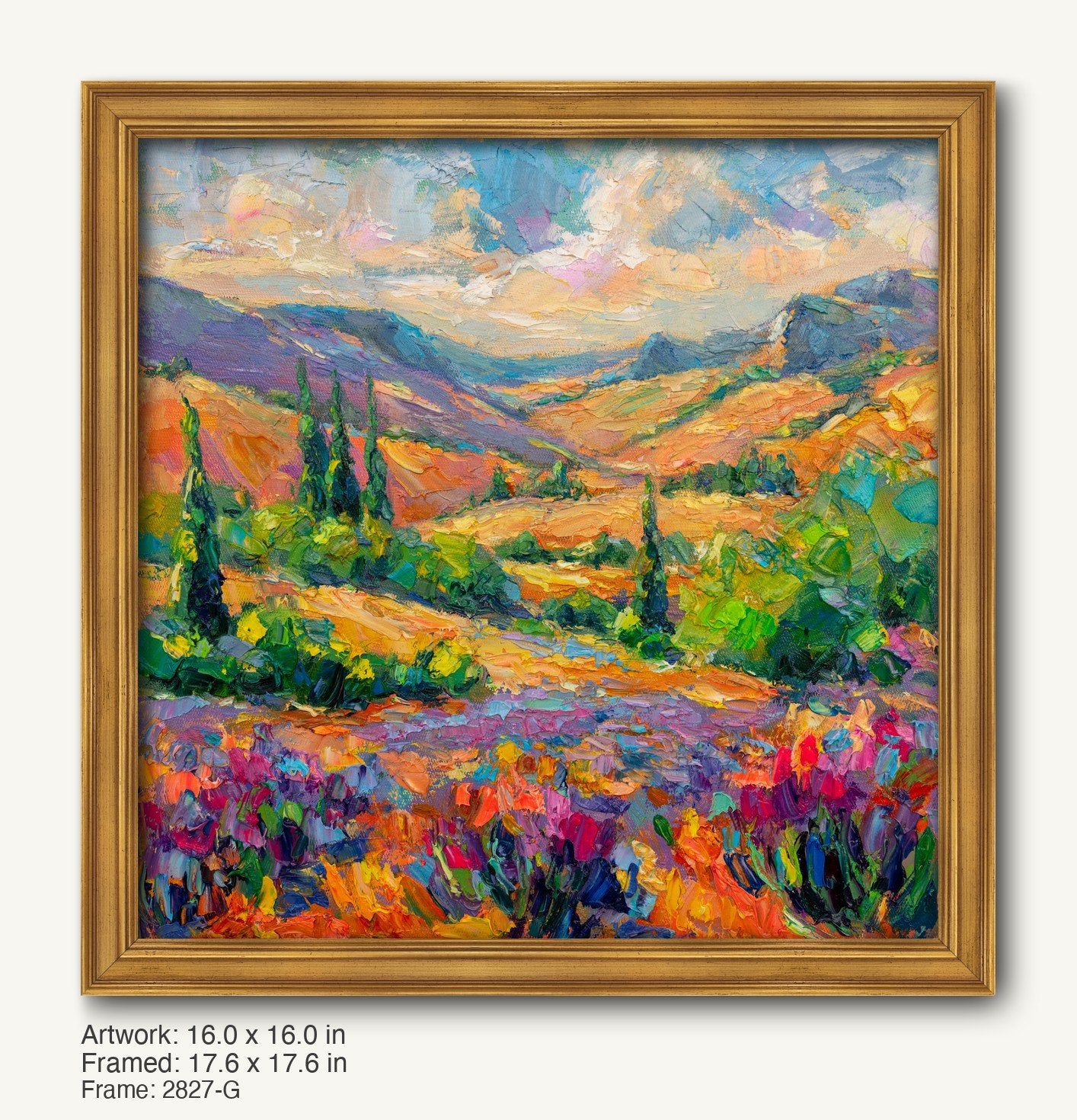 Vibrant autumn meadow landscape painting in warm gold ornate frame, featuring rolling hills, colorful wildflowers, and distant mountains under a soft sky