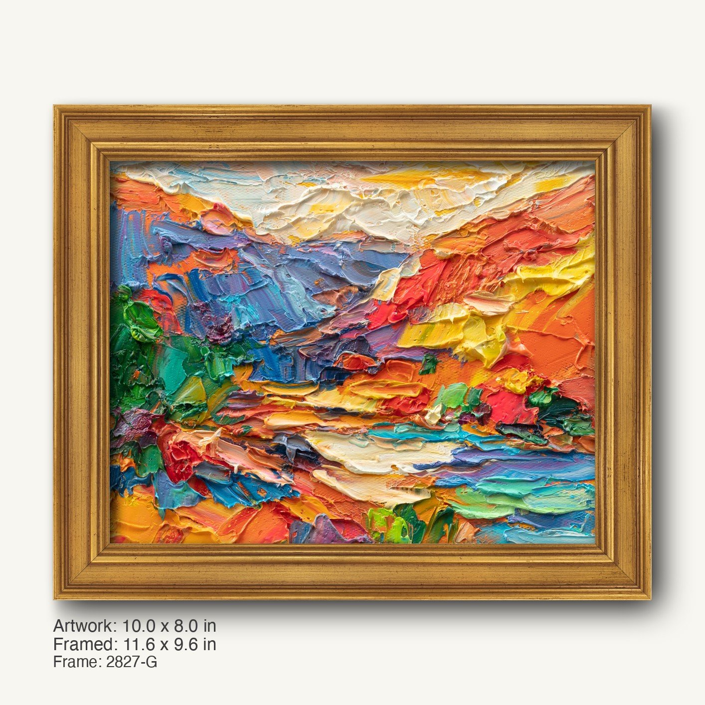 Vibrant impasto sunset landscape painting in warm gold ornate frame, featuring bold textures and rich colors of orange, red, blue, and green on canvas