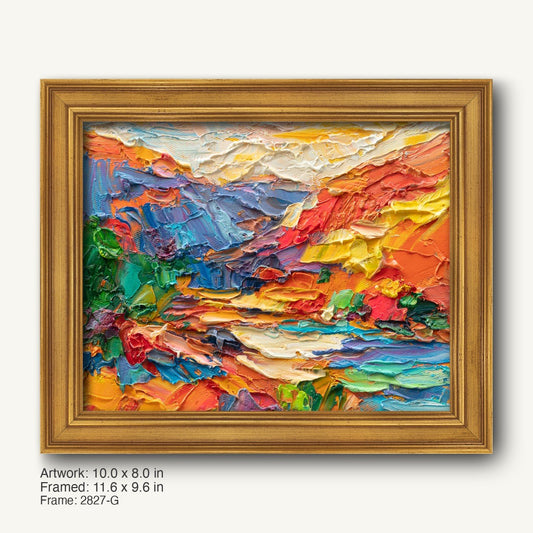 Vibrant impasto sunset landscape painting in warm gold ornate frame, featuring bold textures and rich colors of orange, red, blue, and green on canvas