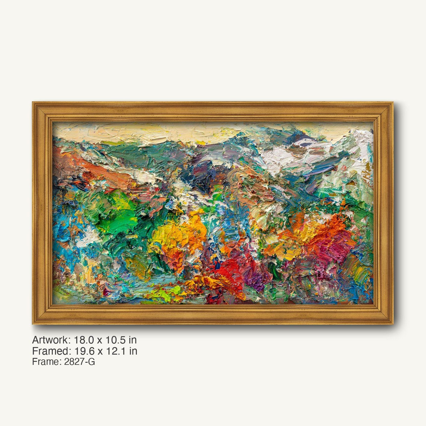 Hand-painted abstract landscape in warm gold ornate frame, vibrant expressionist colors on canvas, horizontal composition with textured brushwork