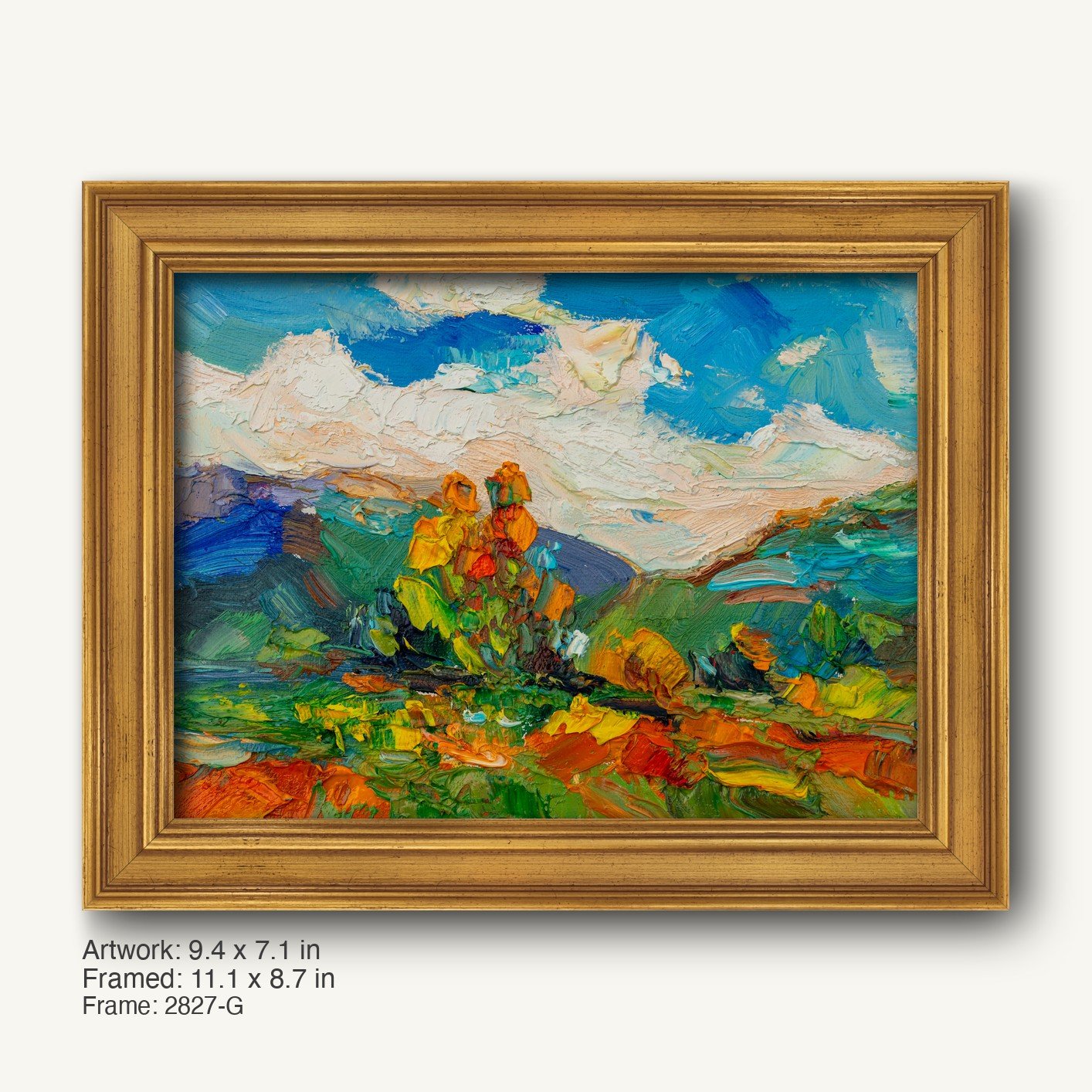Expressive Field of Marigolds by George Miller in a warm gold ornate frame, showcasing vibrant orange marigolds against a dynamic blue sky and green landscape, horizontal composition on canvas.