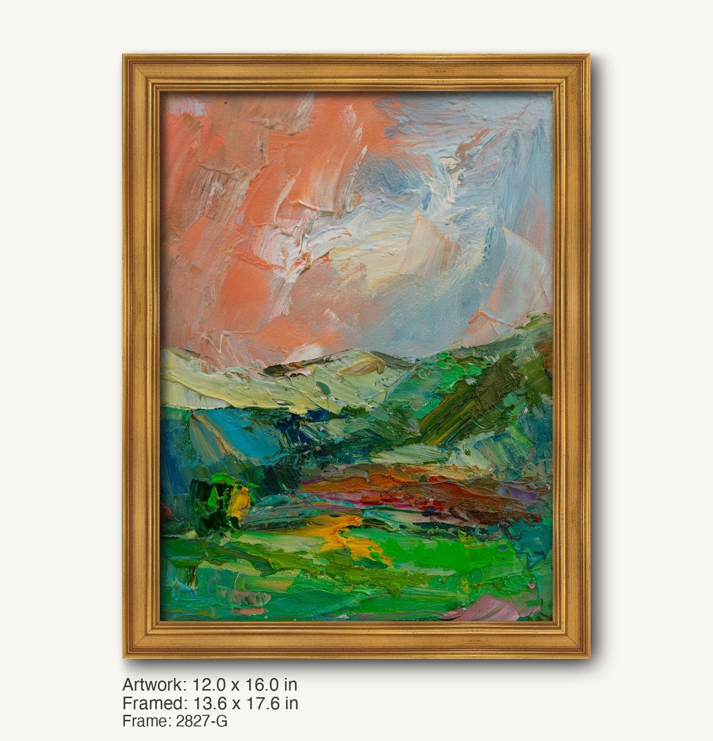 Vertical oil painting of a vibrant landscape with thick impasto texture in green, blue, and orange hues, framed in a warm gold ornate frame with classic profile