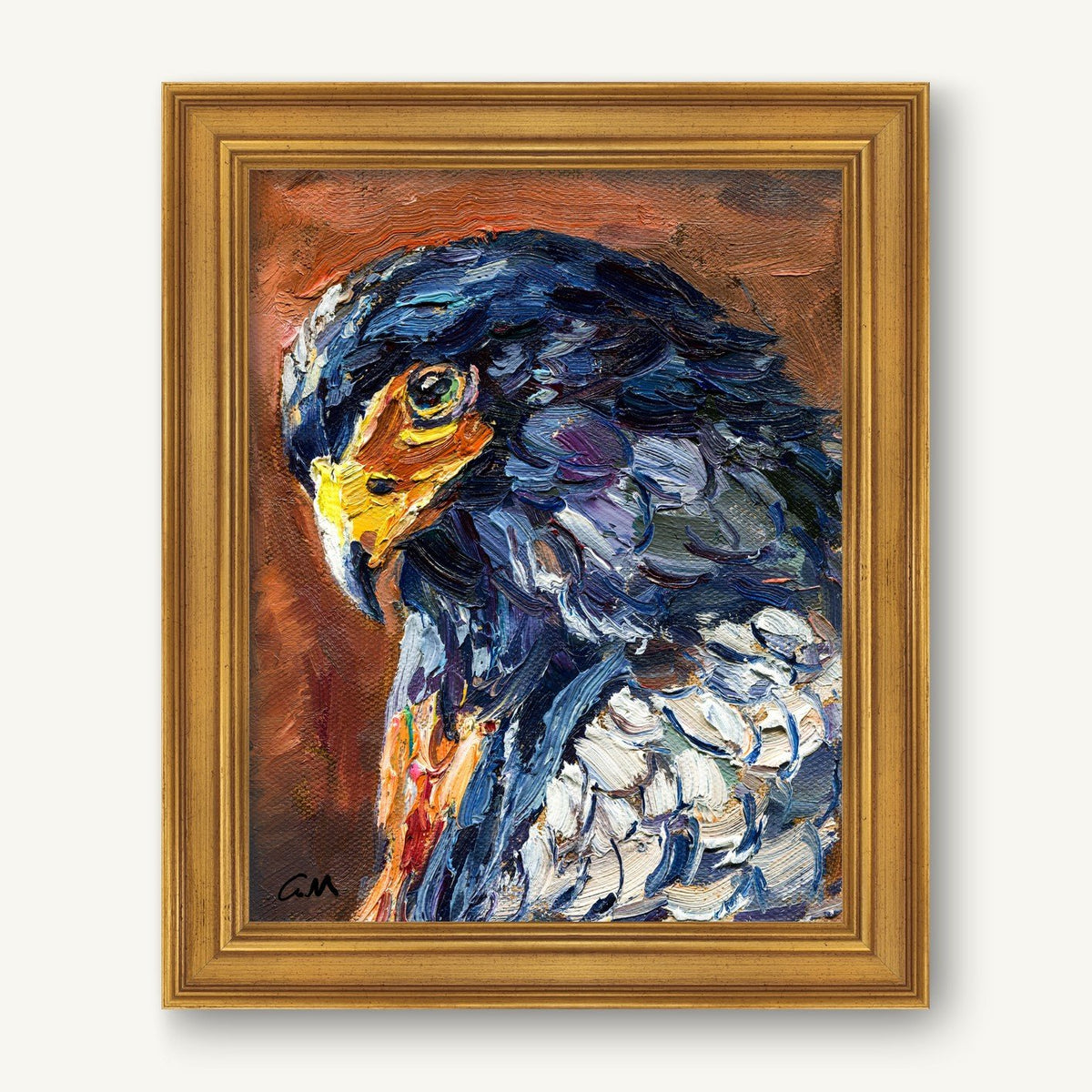 Expressive oil painting of a hawk in a gold frame, featuring bold blue, brown, and white brushstrokes with textured details on canvas