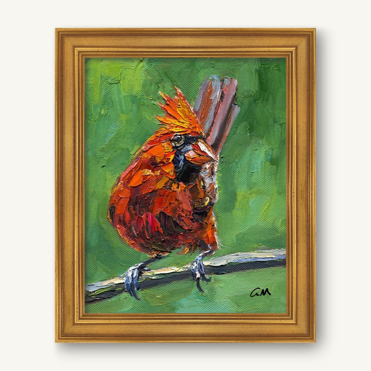 Vibrant oil painting of a red cardinal bird perched on a branch, framed in gold, with textured brushwork and green background