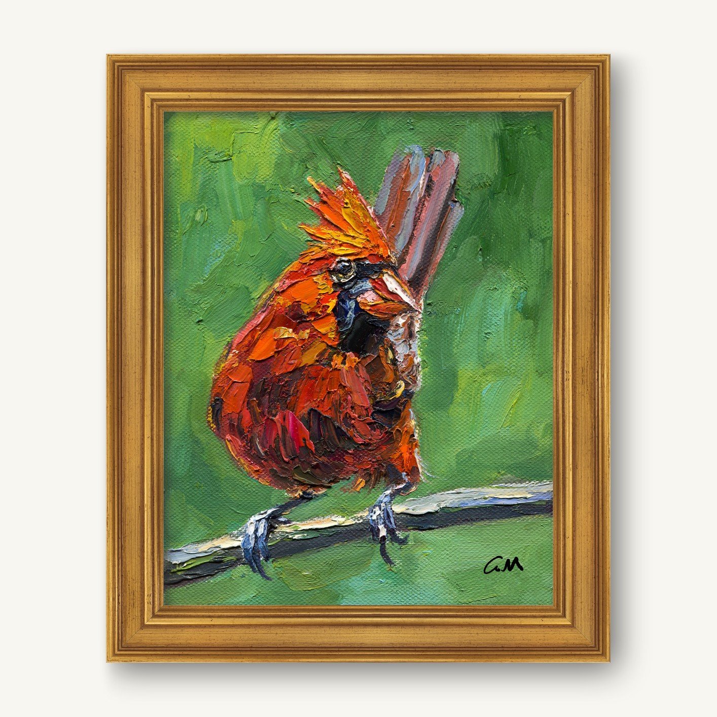 Vibrant oil painting of a red cardinal bird perched on a branch, framed in gold, with textured brushwork and green background