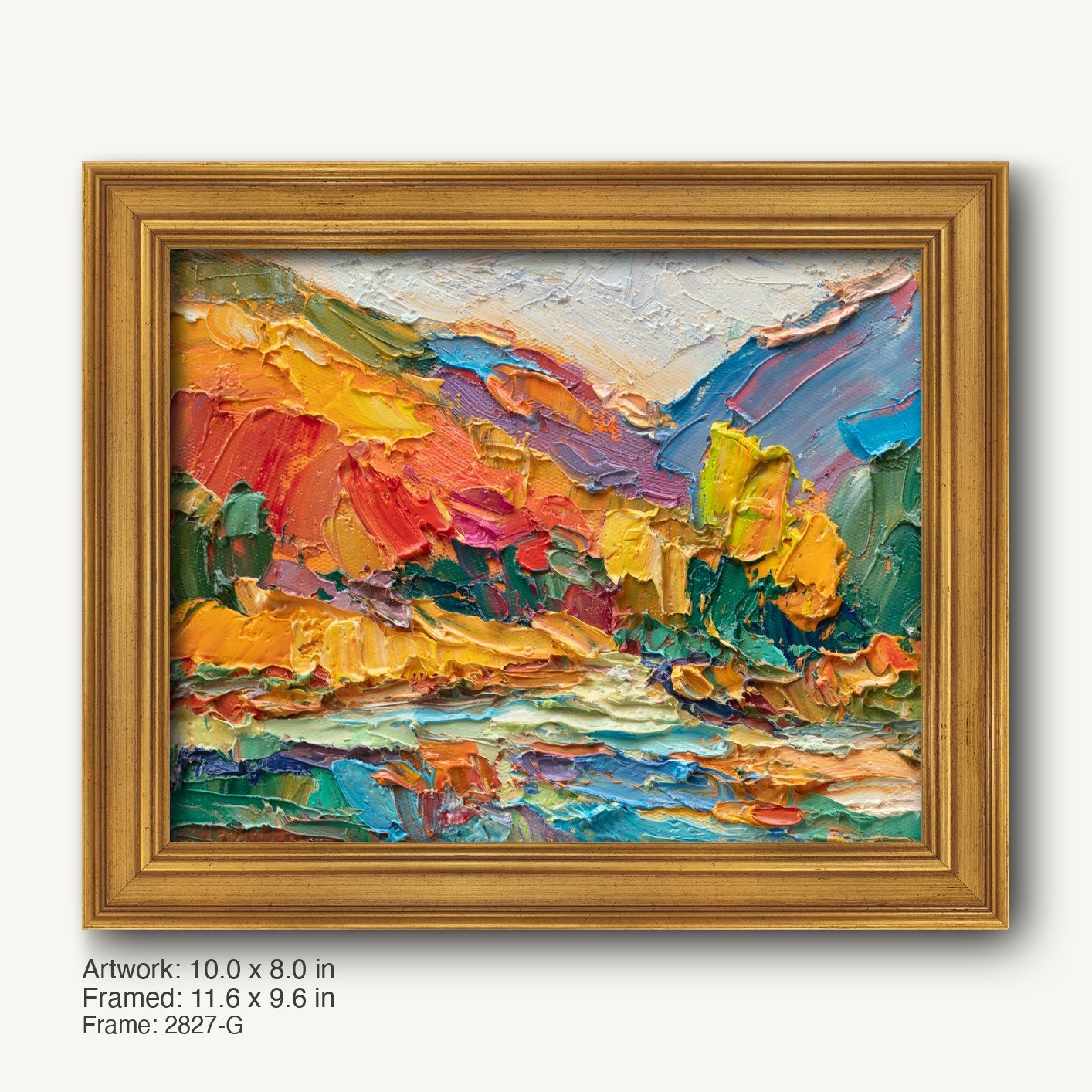 Vibrant abstract landscape oil painting in warm gold ornate frame, featuring bold red, yellow, blue, and green textures on canvas, horizontal composition