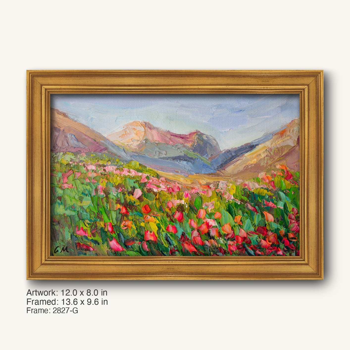 Hand-painted poppy meadow landscape in warm gold ornate frame, vibrant red and pink flowers against distant mountains, horizontal composition on canvas