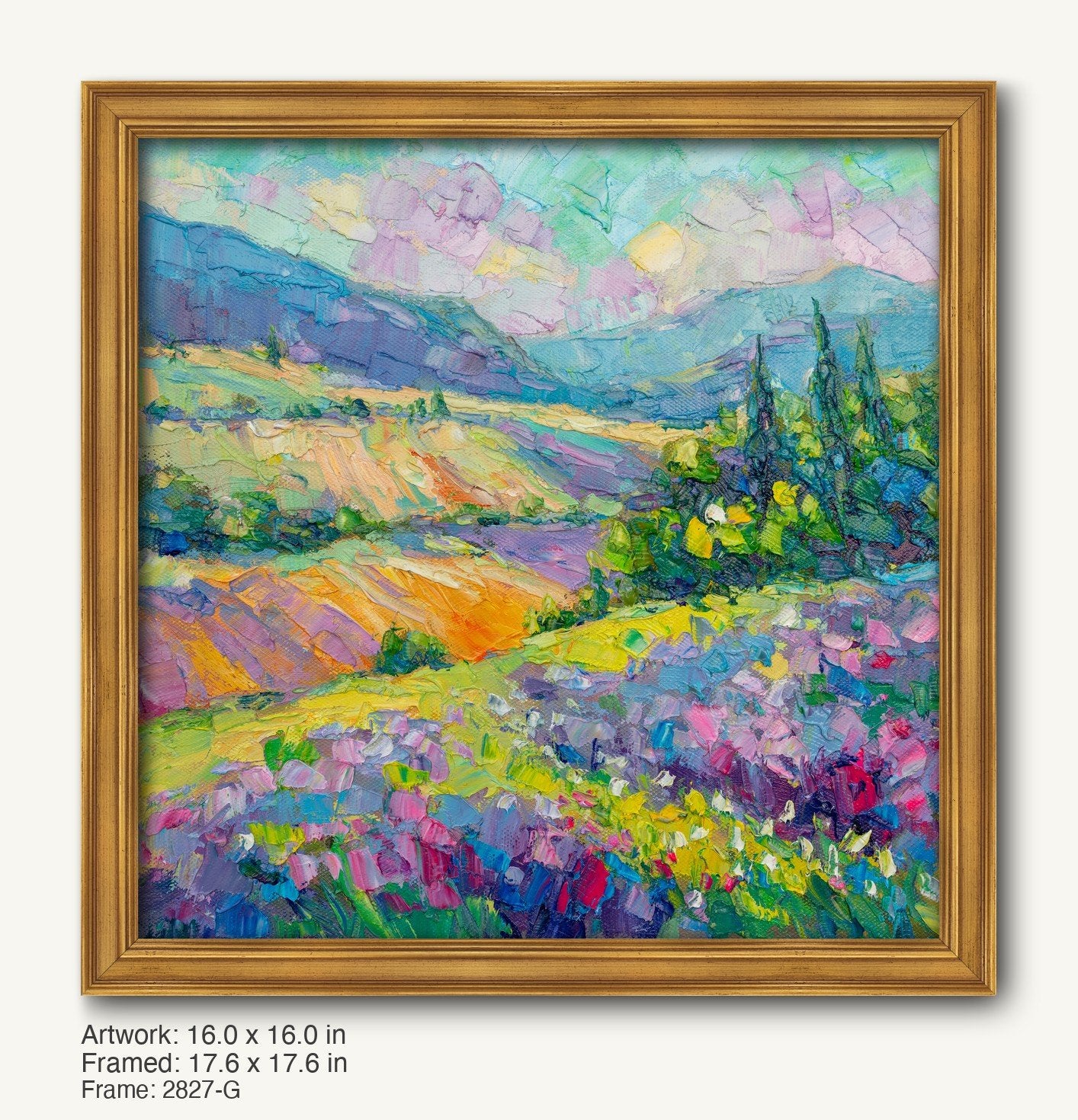 Vibrant impressionist landscape painting of rolling hills and wildflowers in a warm gold ornate frame, showcasing textured oil brushwork on canvas
