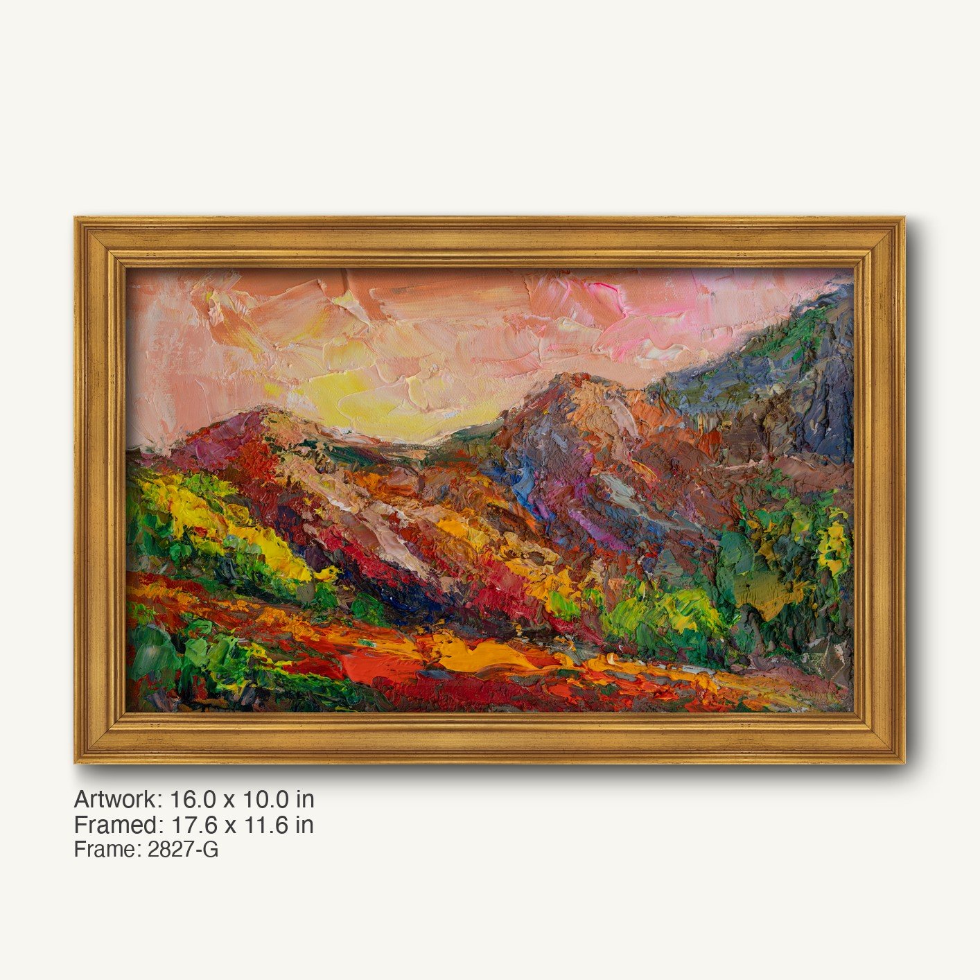 Vibrant impasto mountain landscape in warm gold ornate frame, rich textures and bold colors depict abstract nature scene with dynamic brushwork