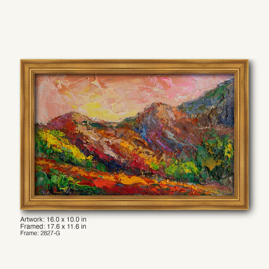 Vibrant impasto mountain landscape in warm gold ornate frame, rich textures and bold colors depict abstract nature scene with dynamic brushwork