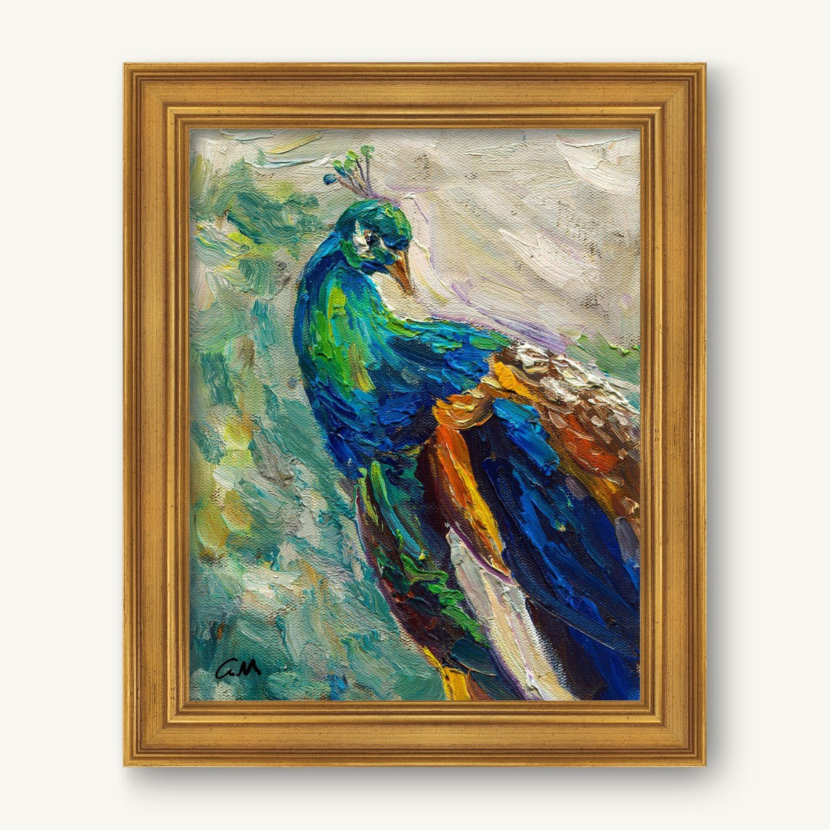 Vibrant oil painting of a peacock in a gold frame, featuring bold blue, green, and yellow hues with textured brushwork on canvas