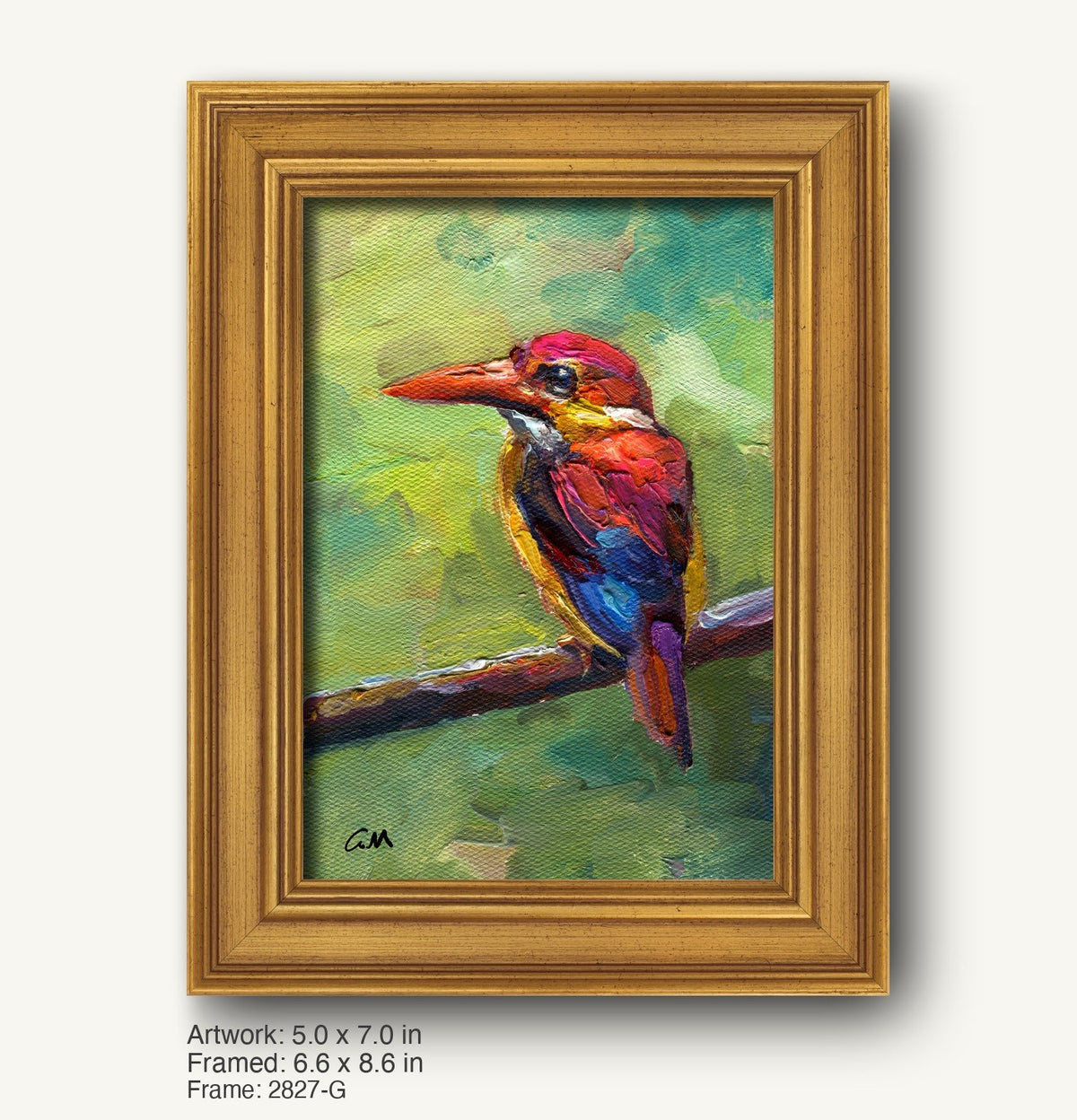 Vibrant oil painting of a kingfisher bird perched on a branch, framed in a warm gold ornate frame with classic profile, showcasing rich red, blue, and green hues on canvas.