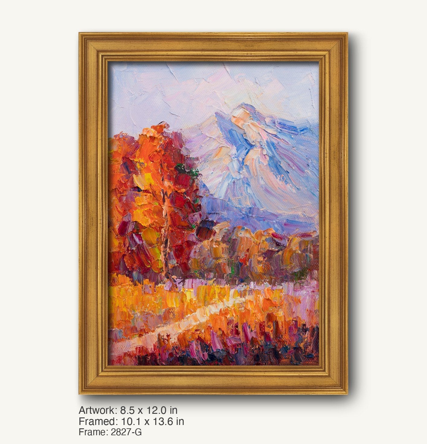 Vertical oil painting of autumn mountain landscape with vibrant orange, red, and blue hues in a warm gold ornate frame