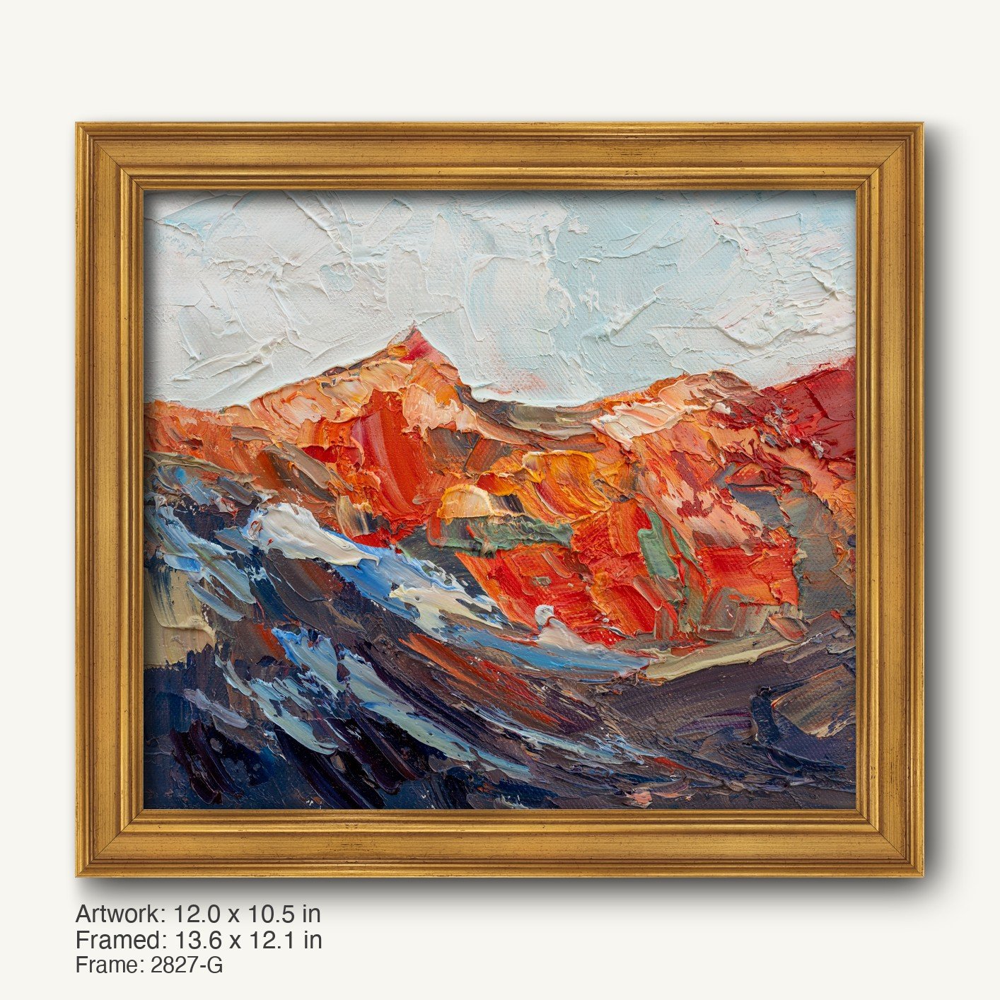 Abstract mountain landscape oil painting in warm gold ornate frame, featuring bold red and blue textures on canvas, horizontal composition