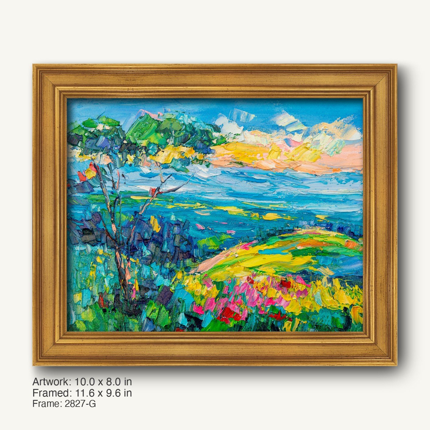 Vibrant landscape oil painting in warm gold ornate frame, featuring abstract fields and sky with bold blues, greens, and yellows, horizontal composition
