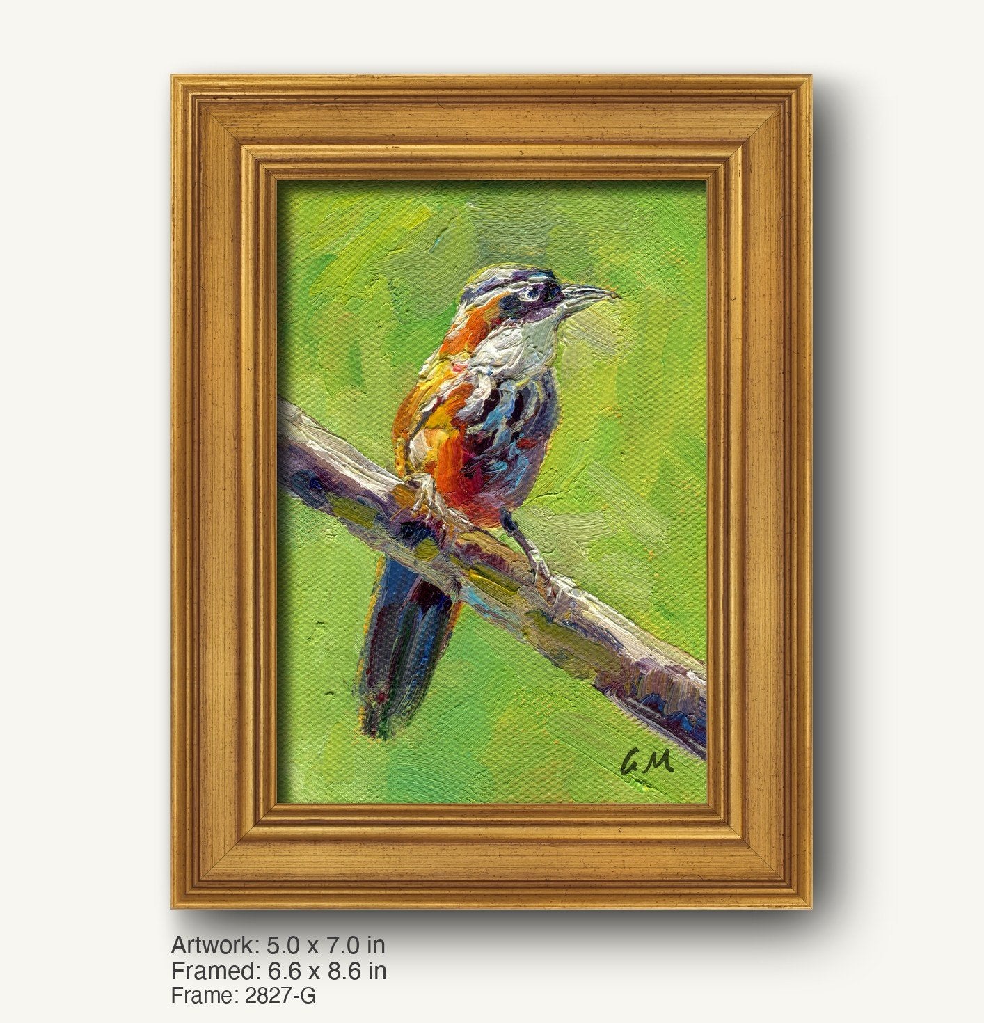 Impressionist oil painting of a colorful bird perched on a branch, framed in a warm gold ornate frame with classic profile, vertical composition