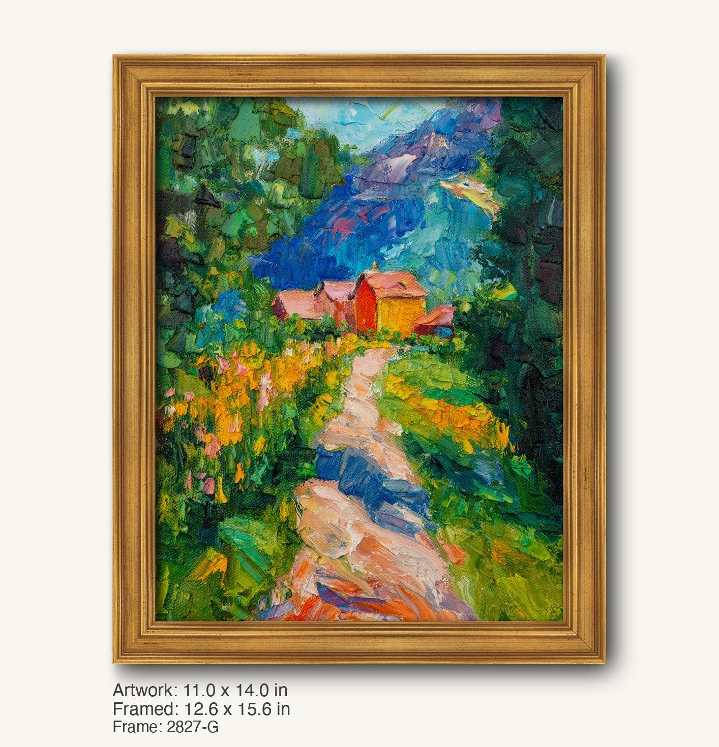 Hand-painted mountain cottage landscape in warm gold ornate frame, vibrant greens and blues, vertical composition, textured oil on canvas