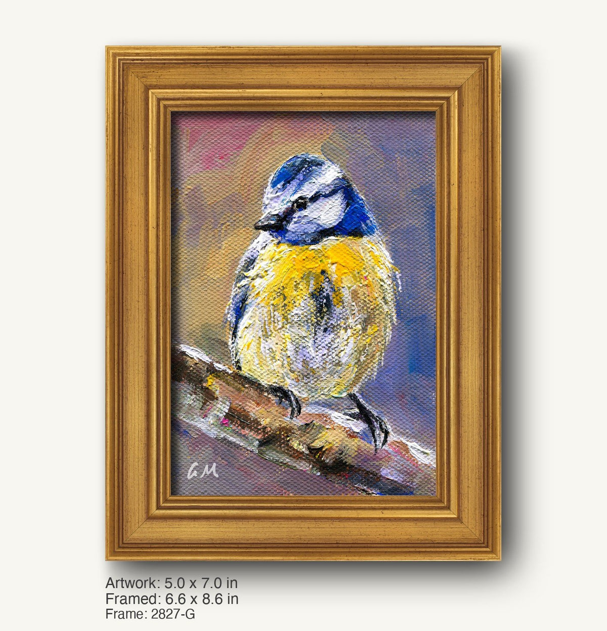 Palette knife oil painting of a blue tit perched on a branch, framed in a warm gold ornate frame with classic profile, vertical composition