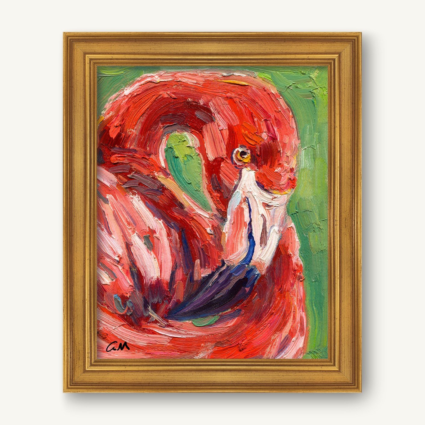Vibrant hand-painted flamingo portrait in gold frame, expressive oil brushwork on canvas, red and green tones, signed by artist