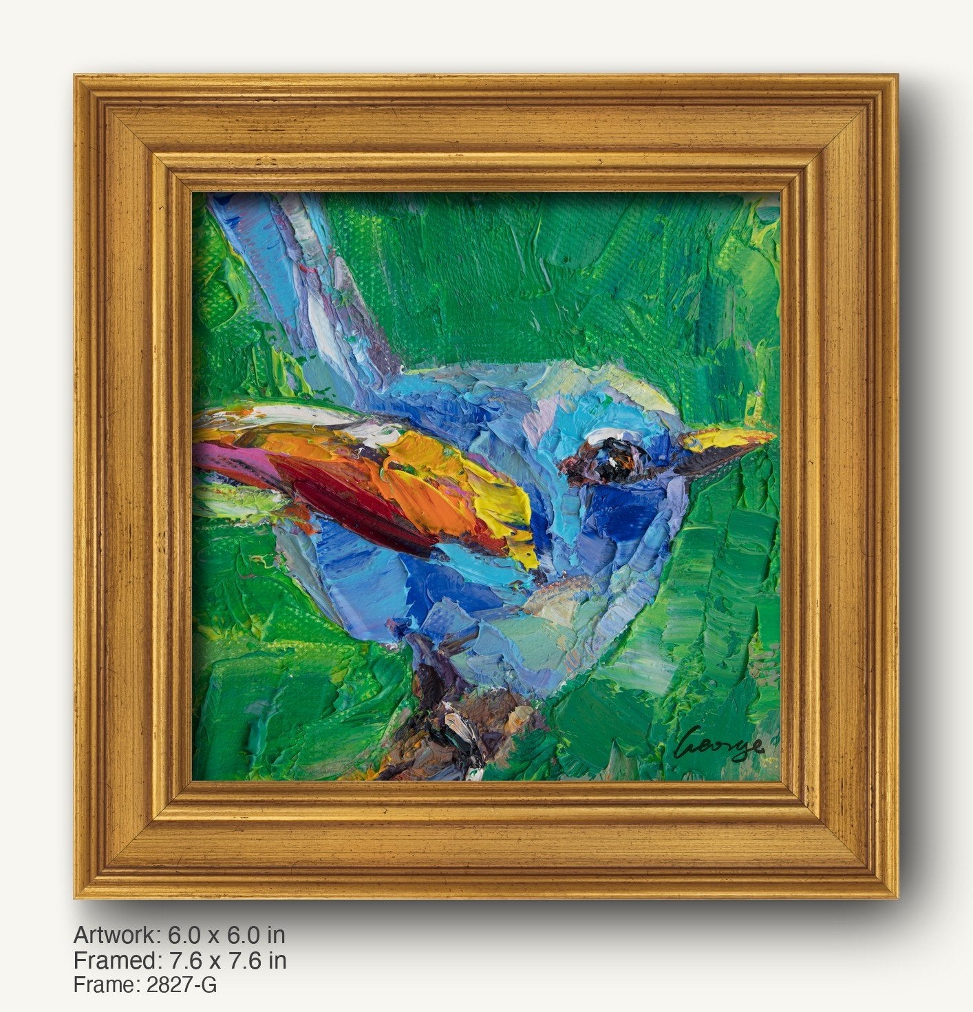 Vibrant abstract bird painting in warm gold ornate frame, featuring bold green, blue, and yellow hues on canvas, signed by artist