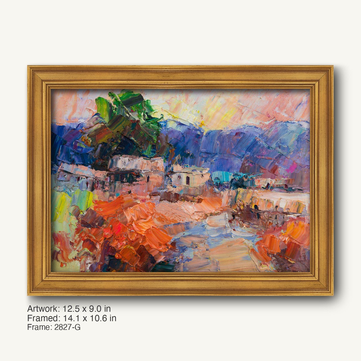 Warm sunset village landscape painting in a classic gold frame, horizontal oil on canvas with expressive brushwork and vibrant colors