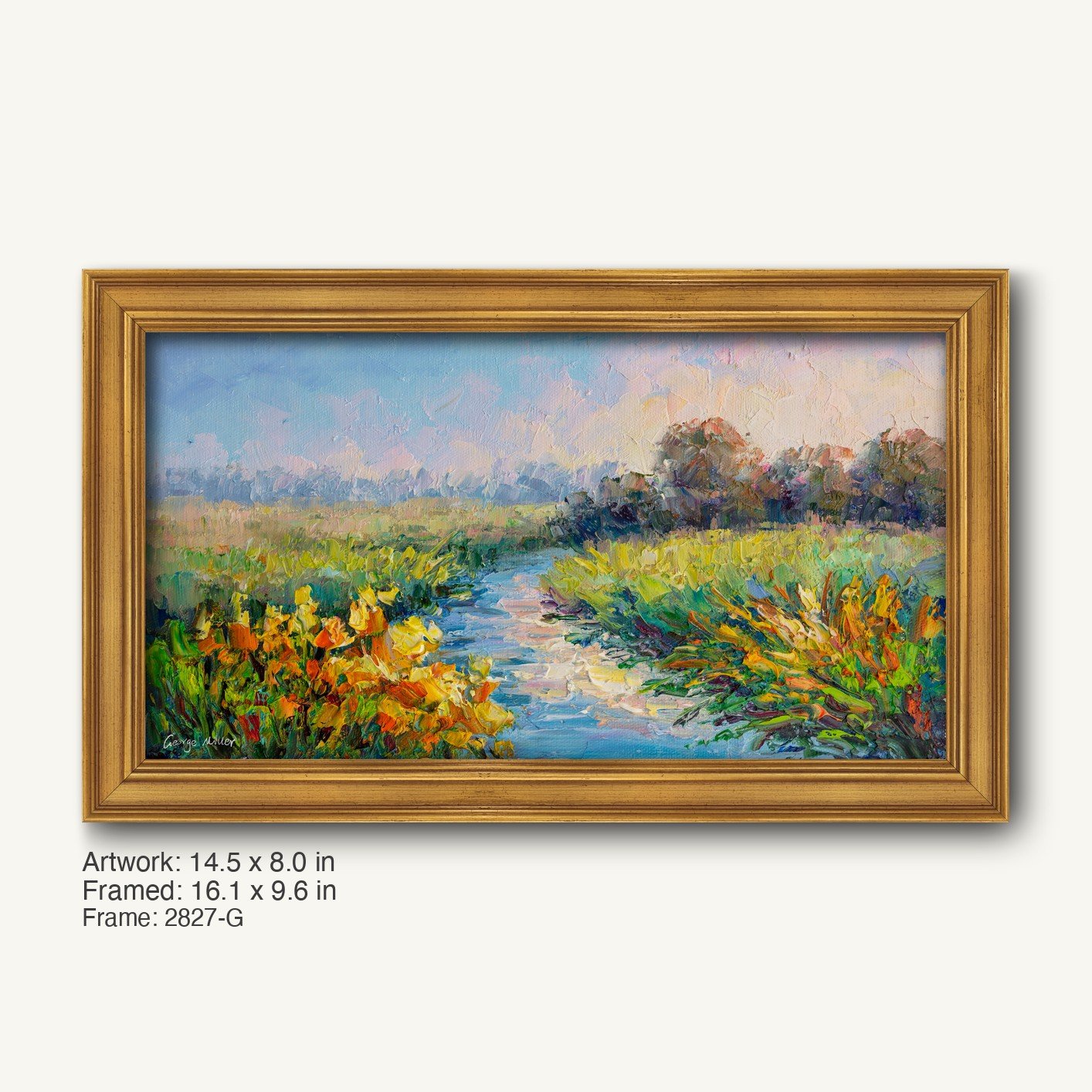 Hand-painted stream landscape in warm gold ornate frame, featuring vibrant blue water, yellow flowers, and green meadows under soft sky