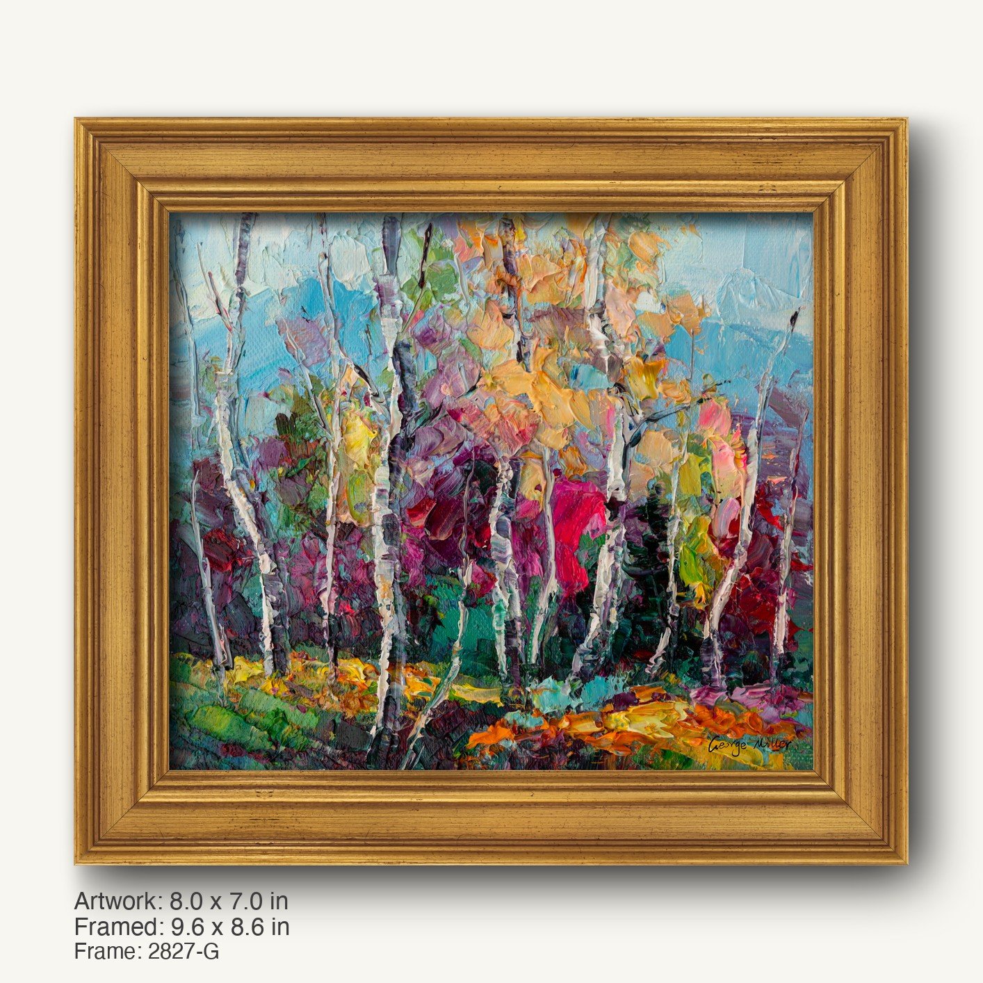 Vibrant oil painting of a birch forest in warm gold ornate frame, vertical composition with textured impasto brushwork and autumnal colors