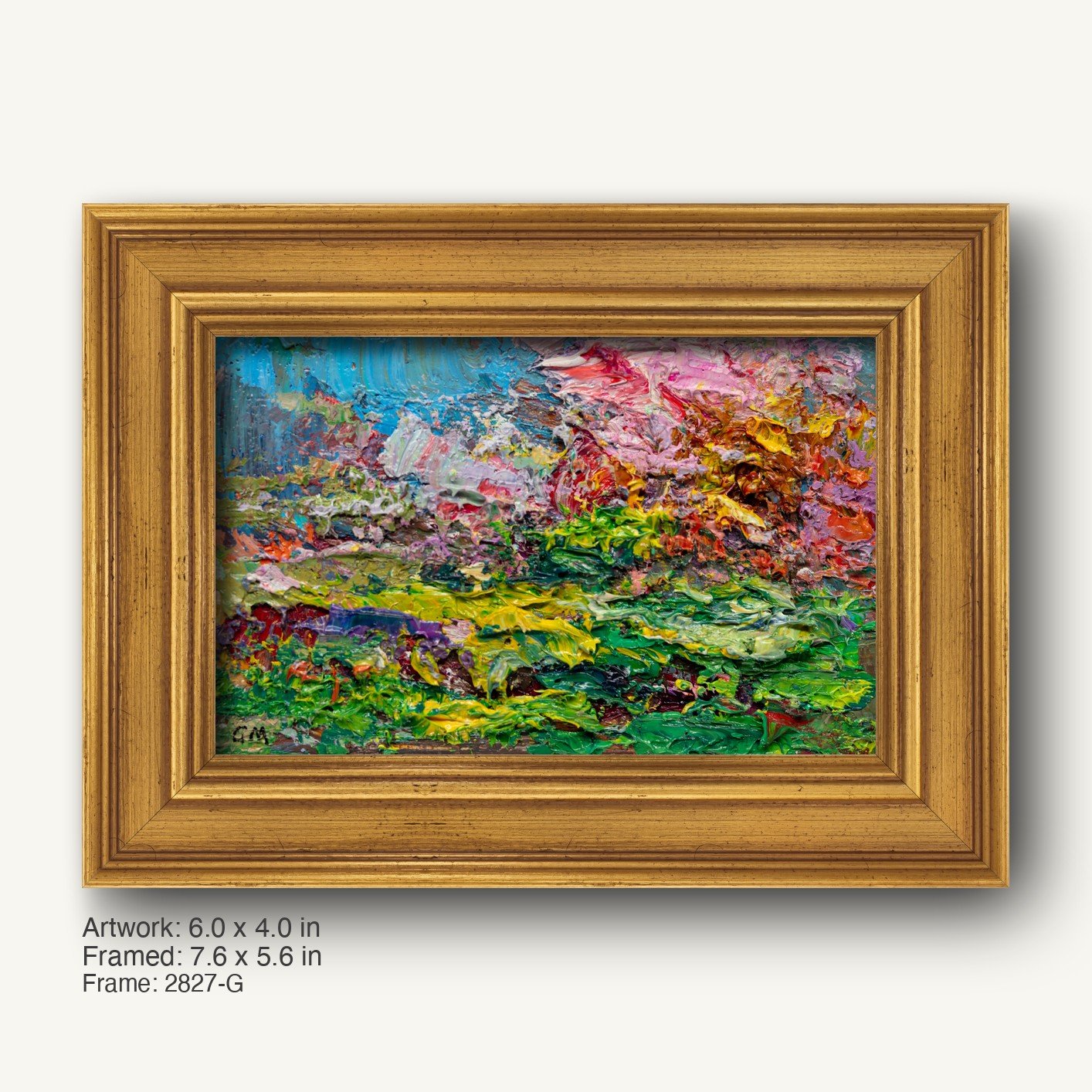 Abstract landscape oil painting with thick impasto texture in a warm gold ornate frame, featuring vibrant greens, blues, and reds on canvas