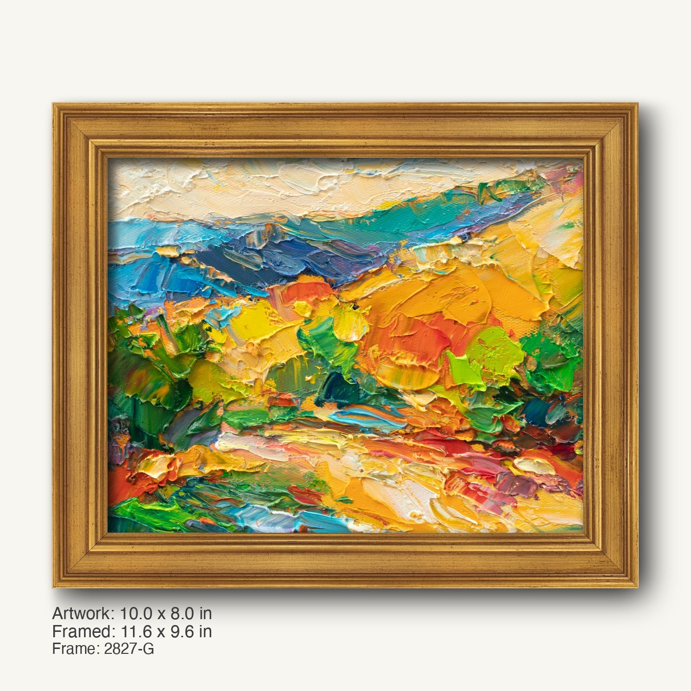 Abstract landscape oil painting in warm gold ornate frame, vibrant colors of blue, green, yellow, red, and orange on canvas, horizontal composition with textured brushwork