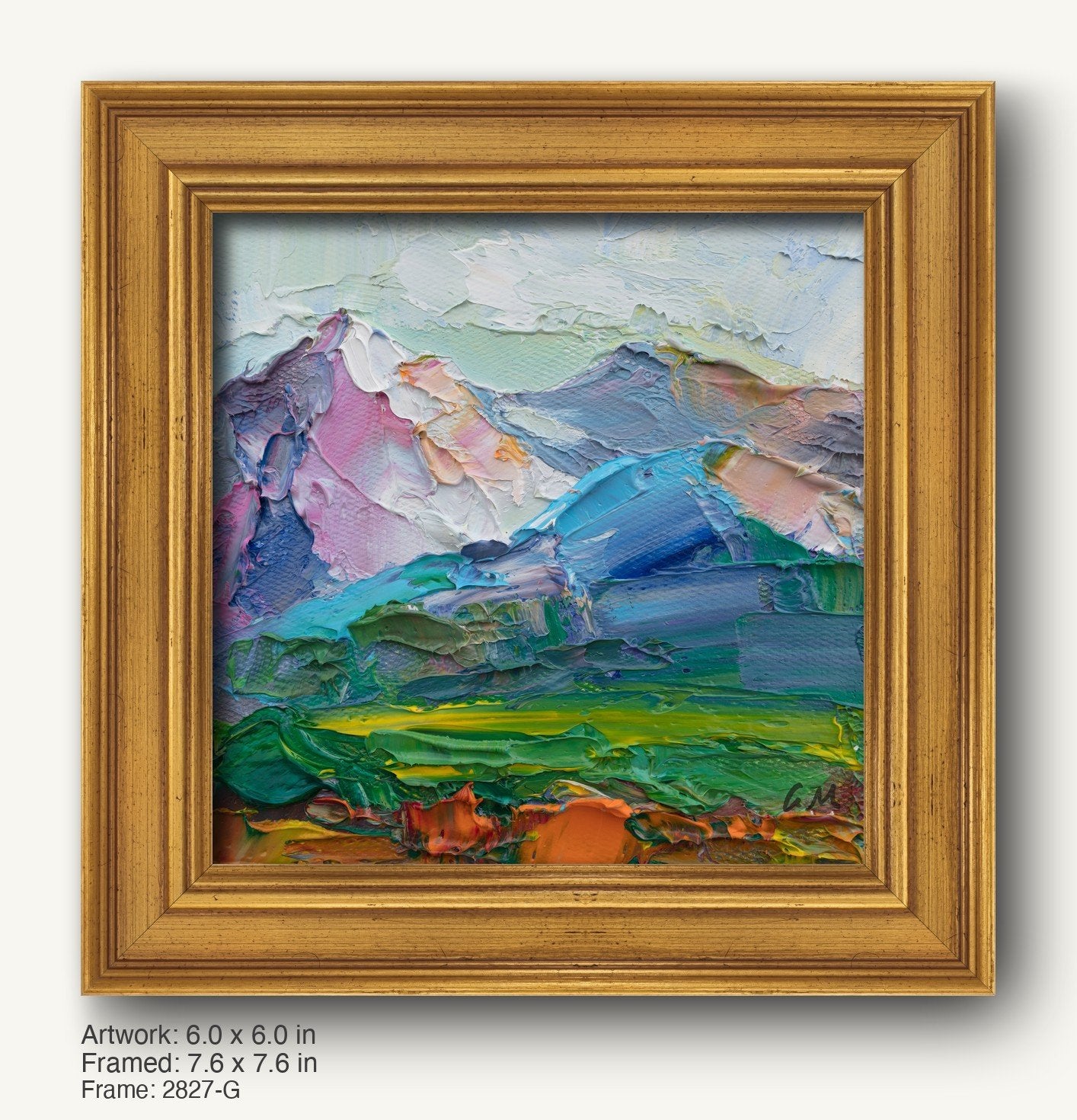 Palette knife oil painting of a vibrant mountain landscape in a warm gold ornate frame, featuring textured blues, pinks, and greens on canvas