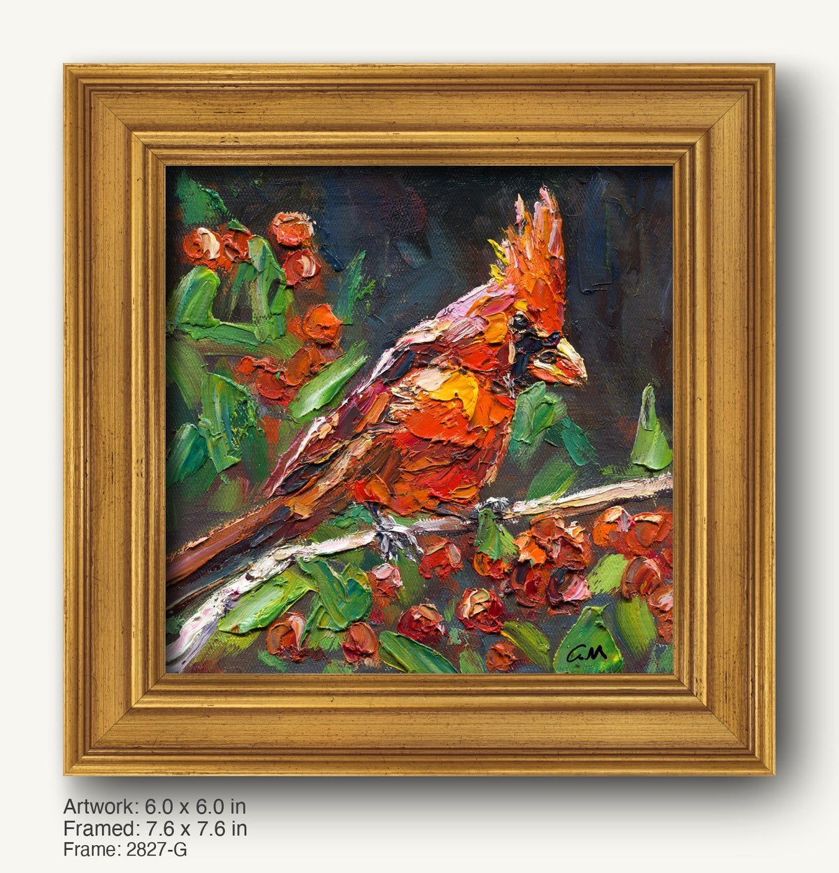 Vibrant oil painting of a cardinal bird perched on a branch with red berries and green leaves, framed in a warm gold ornate frame with classic profile