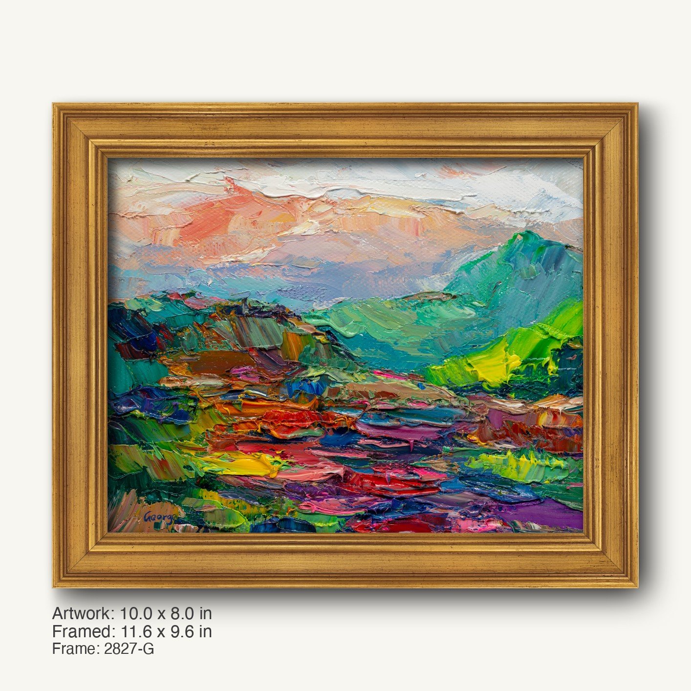 Vibrant expressionist mountain landscape painting in a warm gold ornate frame, featuring bold colors and textured oil brushwork on canvas