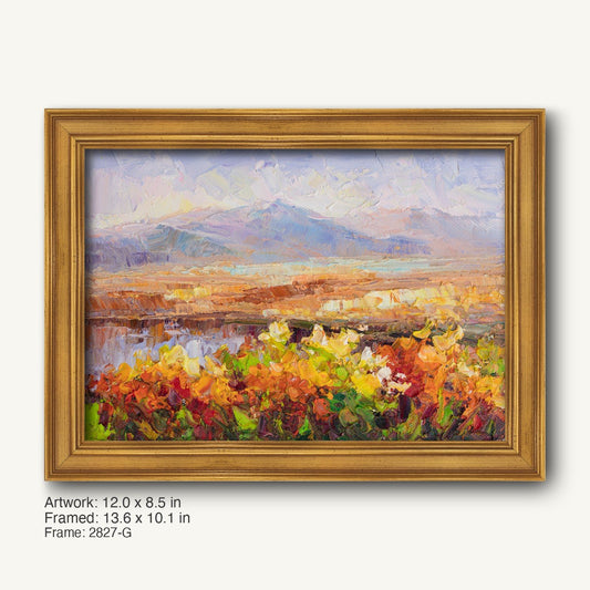 Sunset Desert Bloom oil painting in warm gold ornate frame, horizontal landscape with vibrant floral foreground and distant mountains
