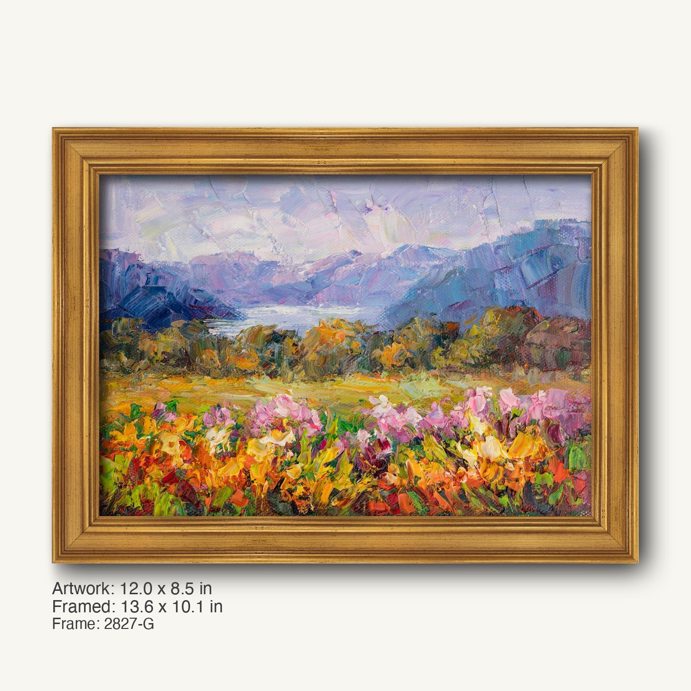 Hand-painted mountain meadow landscape in warm gold ornate frame, featuring vibrant floral foreground and distant purple-blue mountains under soft sky
