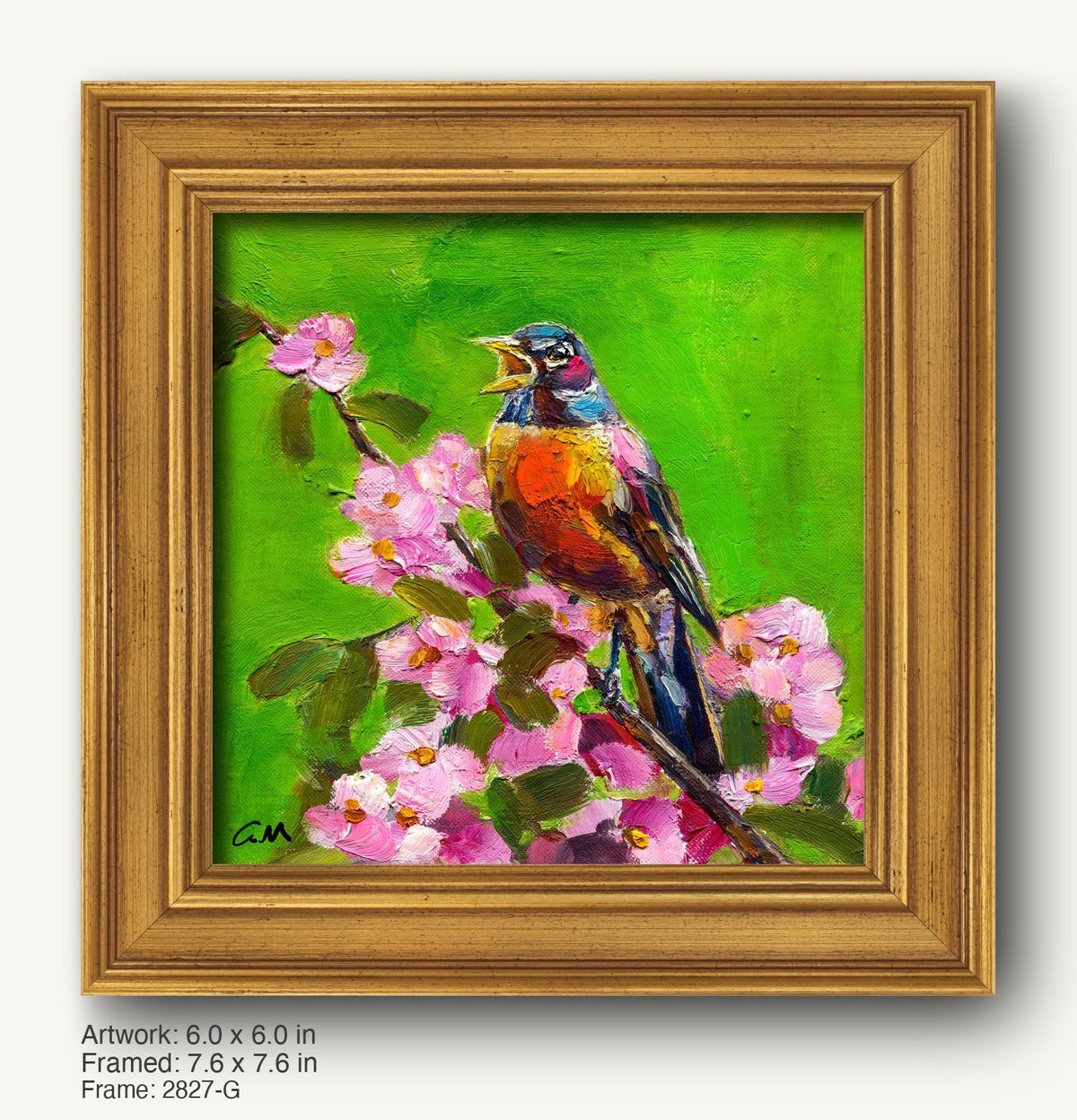 Hand-painted robin perched on pink blossoms against a vibrant green background, framed in warm gold ornate frame with classic profile and textured finish