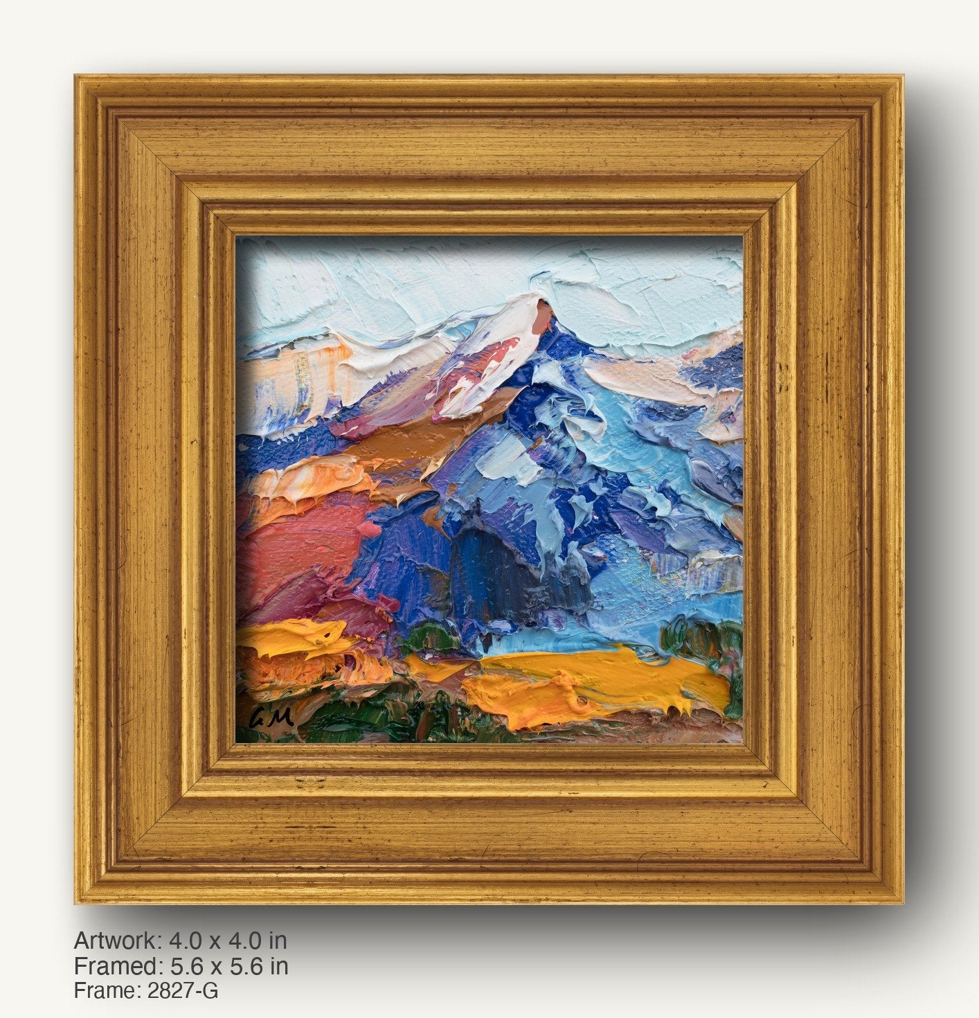 Abstract mountain landscape oil painting in warm gold ornate frame, vibrant blue, red, and yellow hues on canvas, signed by artist