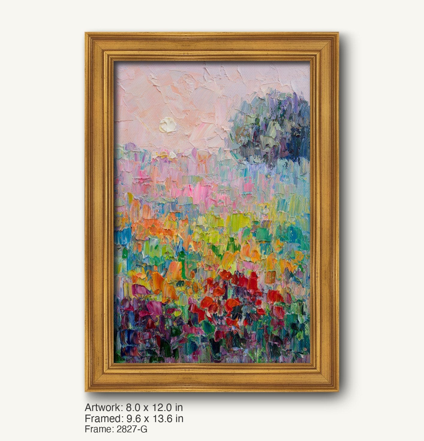 Vertical oil painting of a vibrant floral field in pink, red, and green hues, framed in a warm gold classic profile frame with subtle texture and beveled edges