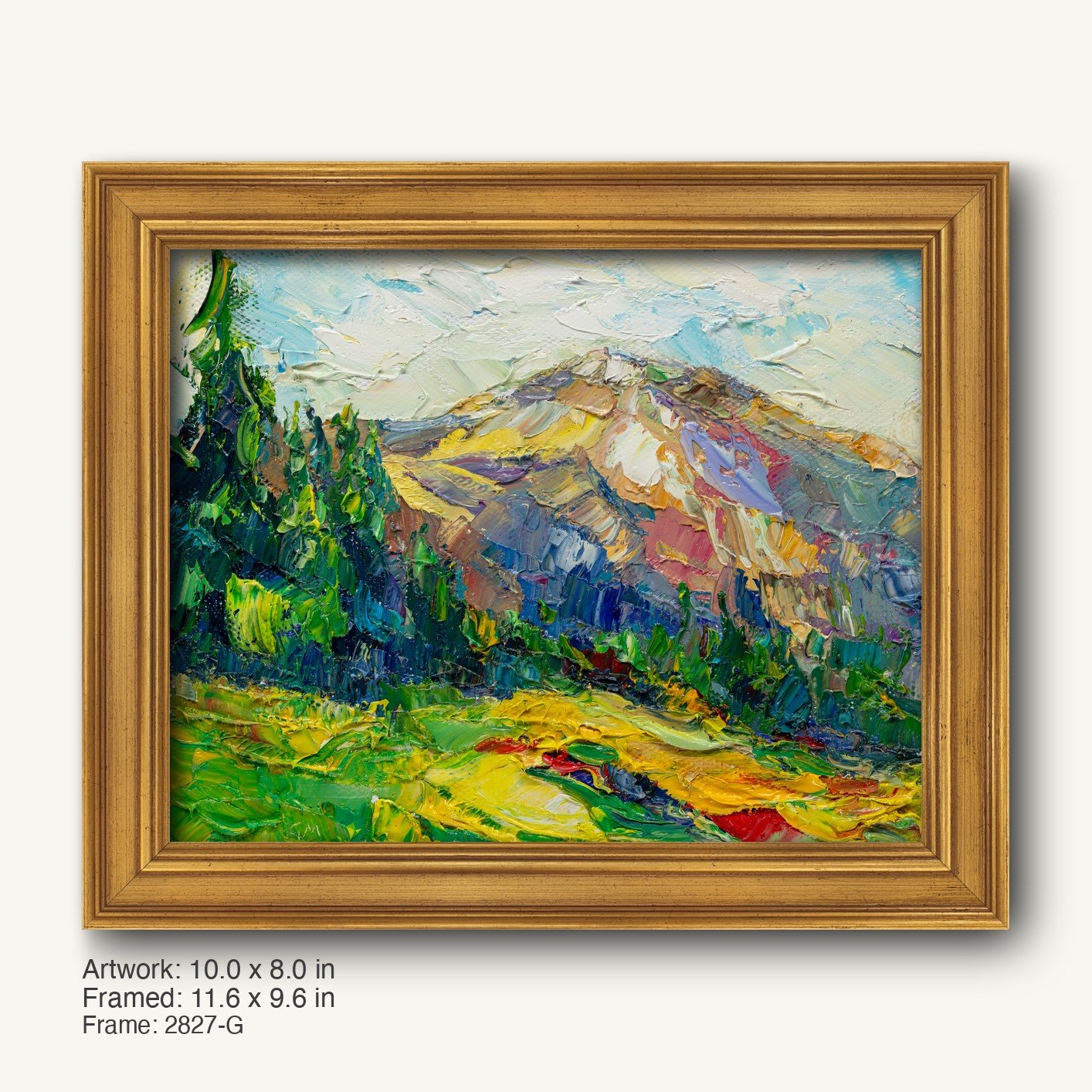 Serene mountain landscape oil painting in warm gold ornate frame, featuring vibrant greens, yellows, and blues with textured brushwork on canvas