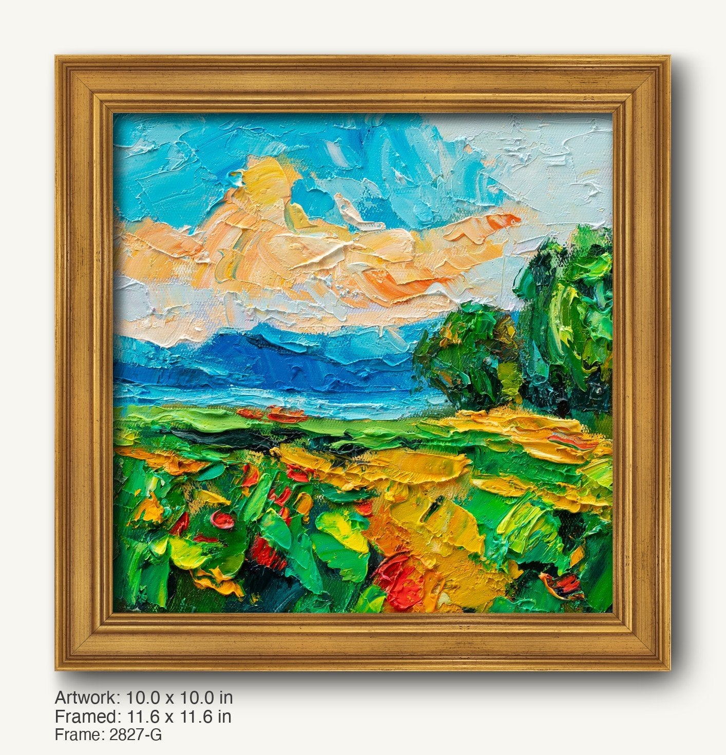 Impasto floral field sunset painting in warm gold ornate frame, vibrant colors and textured brushwork on canvas