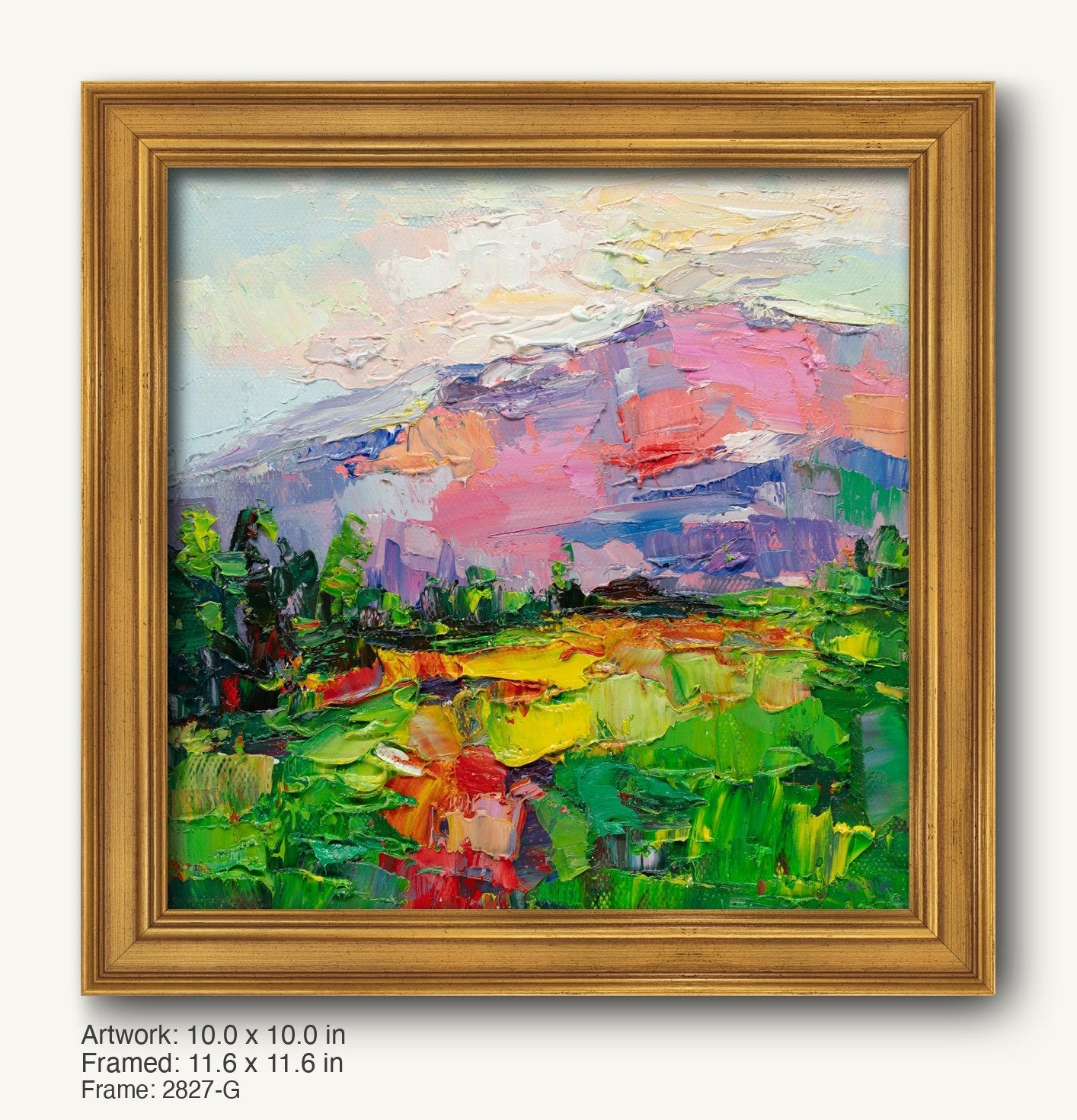 Vibrant impasto landscape painting of a mountain sunset in warm gold frame, featuring bold green, pink, and blue hues with textured oil brushwork on canvas