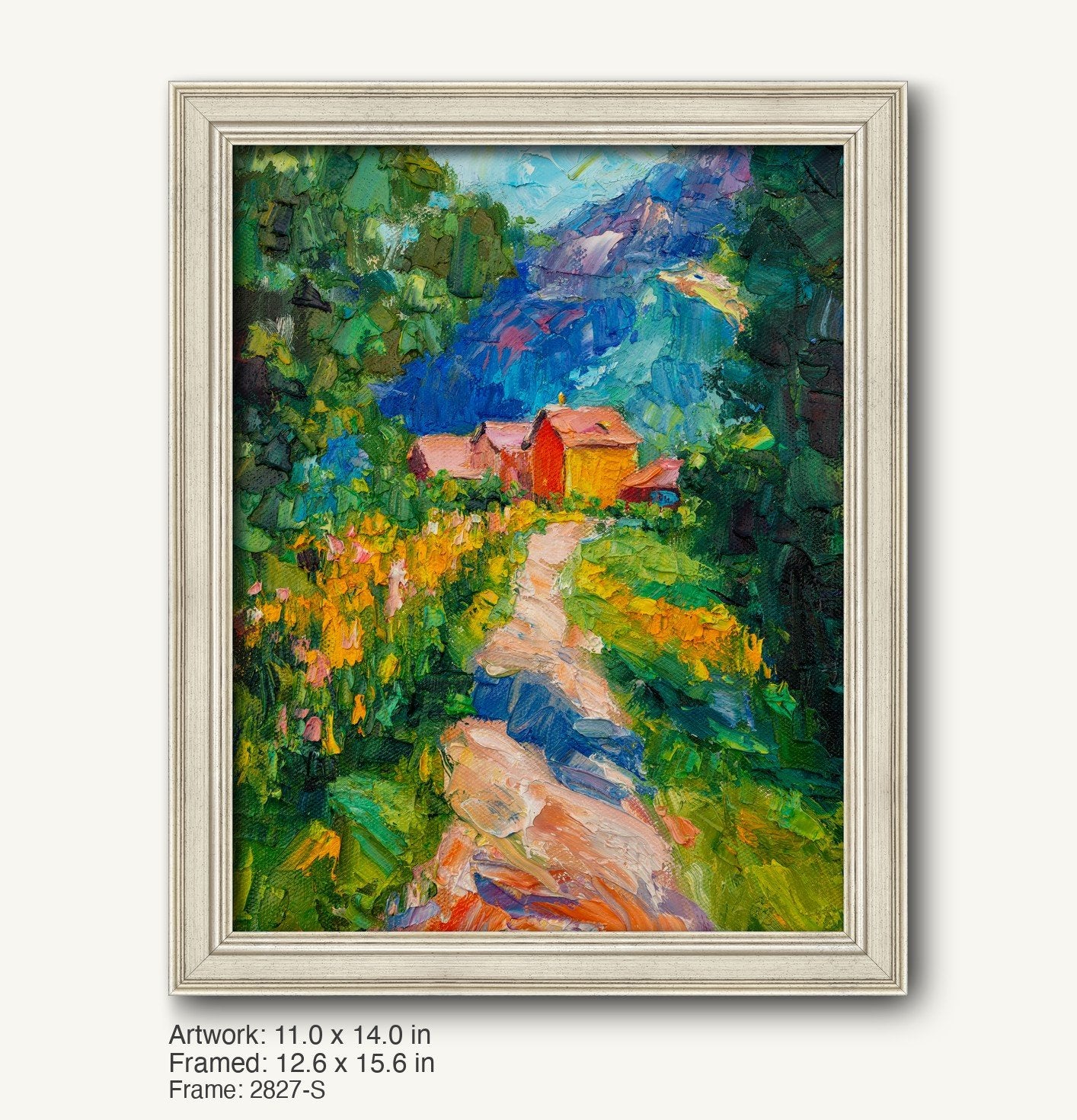 Hand-painted mountain cottage landscape in a light gray classic frame, vibrant greens and blues, vertical composition, textured oil on canvas