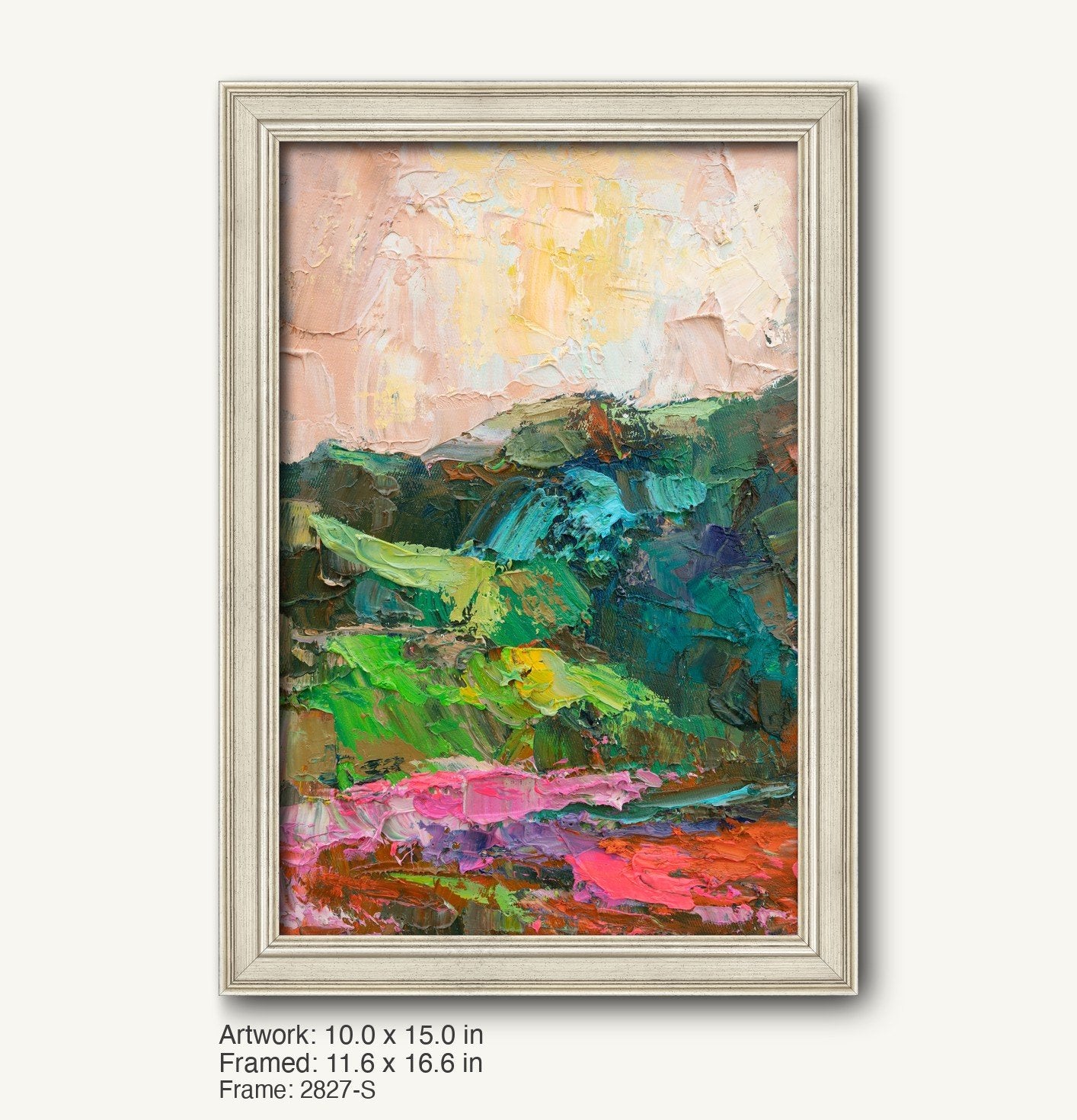 Vertical oil painting of a vibrant mountain landscape with textured green, pink, and yellow hues, displayed in a light gray classic frame with subtle beveled edges
